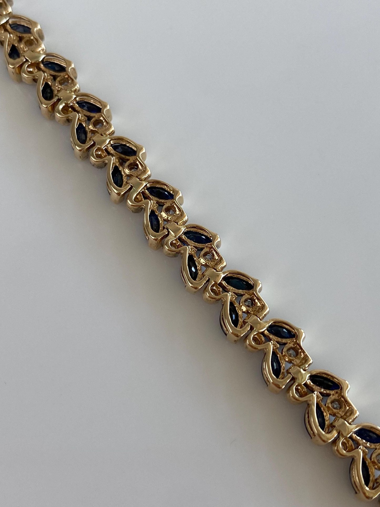Vintage Solid 14k Yellow Gold Diamond Blue Sapphire Link Necklace - 16.5 inches