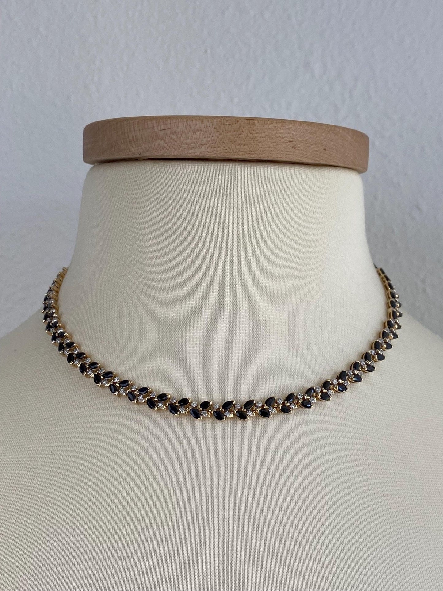 Vintage Solid 14k Yellow Gold Diamond Blue Sapphire Link Necklace - 16.5 inches