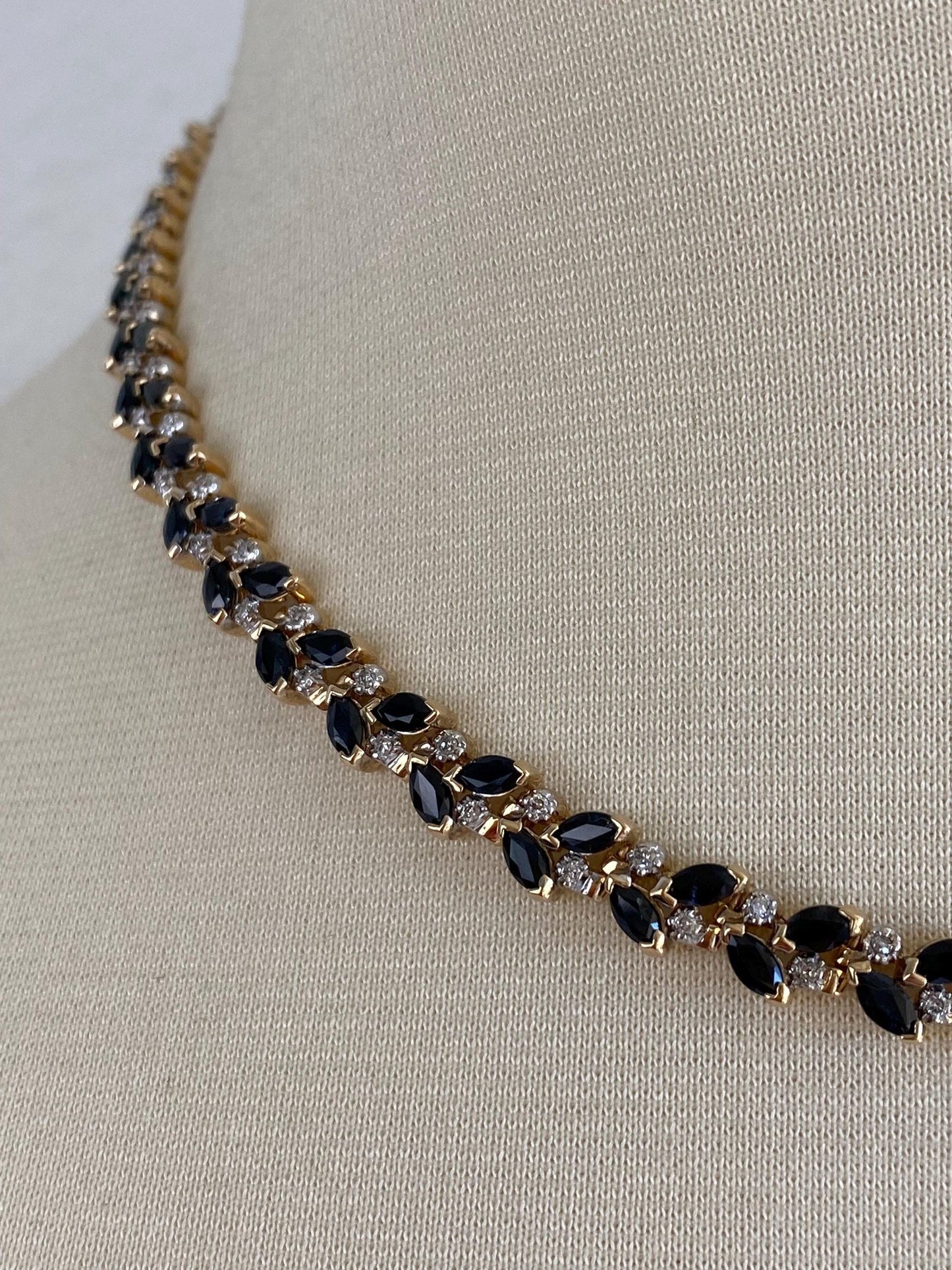 Vintage Solid 14k Yellow Gold Diamond Blue Sapphire Link Necklace - 16.5 inches
