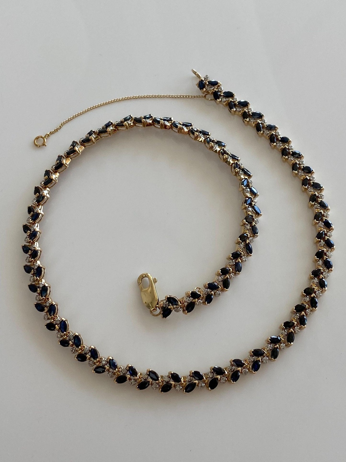 Vintage Solid 14k Yellow Gold Diamond Blue Sapphire Link Necklace - 16.5 inches