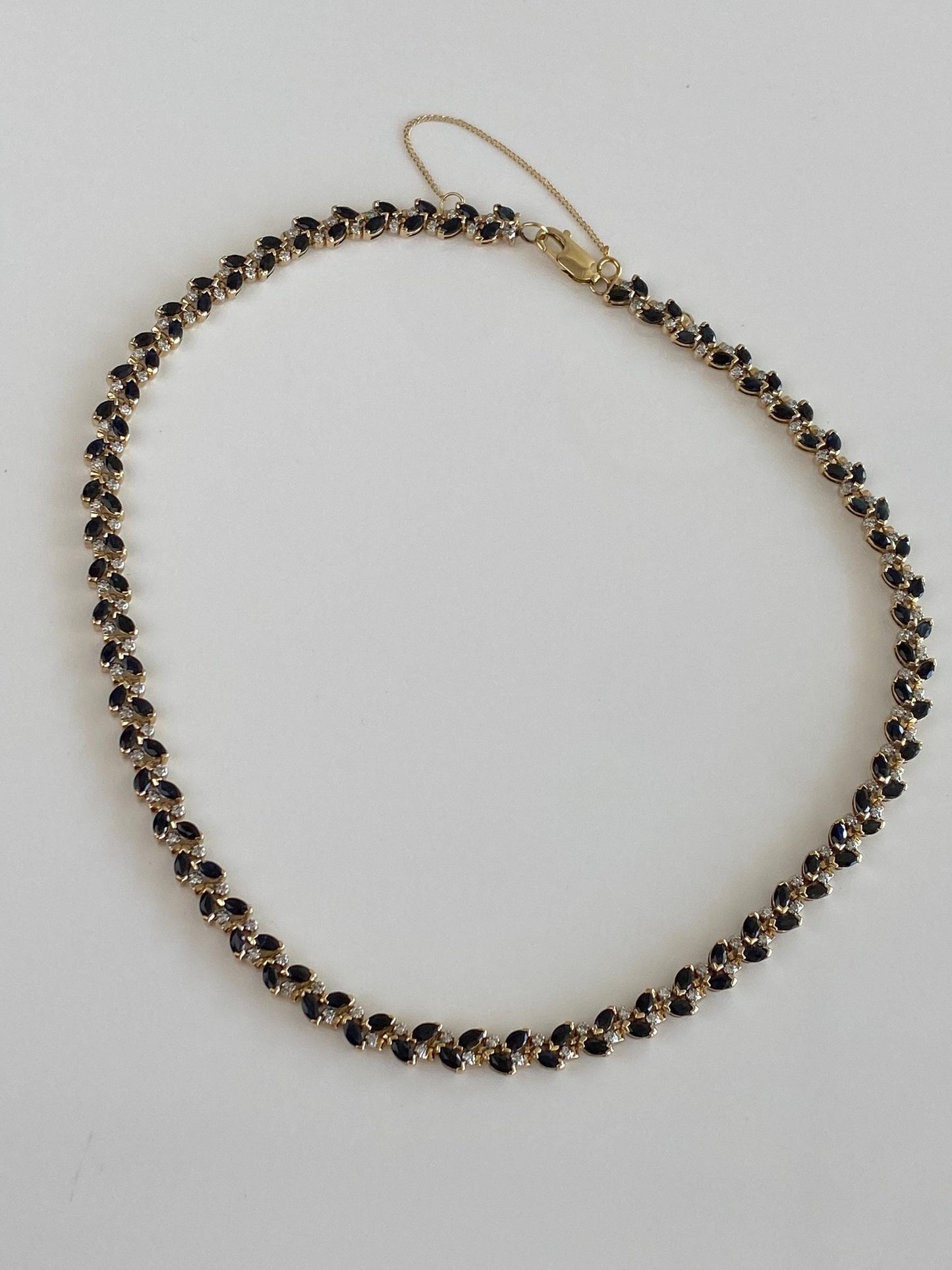 Vintage Solid 14k Yellow Gold Diamond Blue Sapphire Link Necklace - 16.5 inches