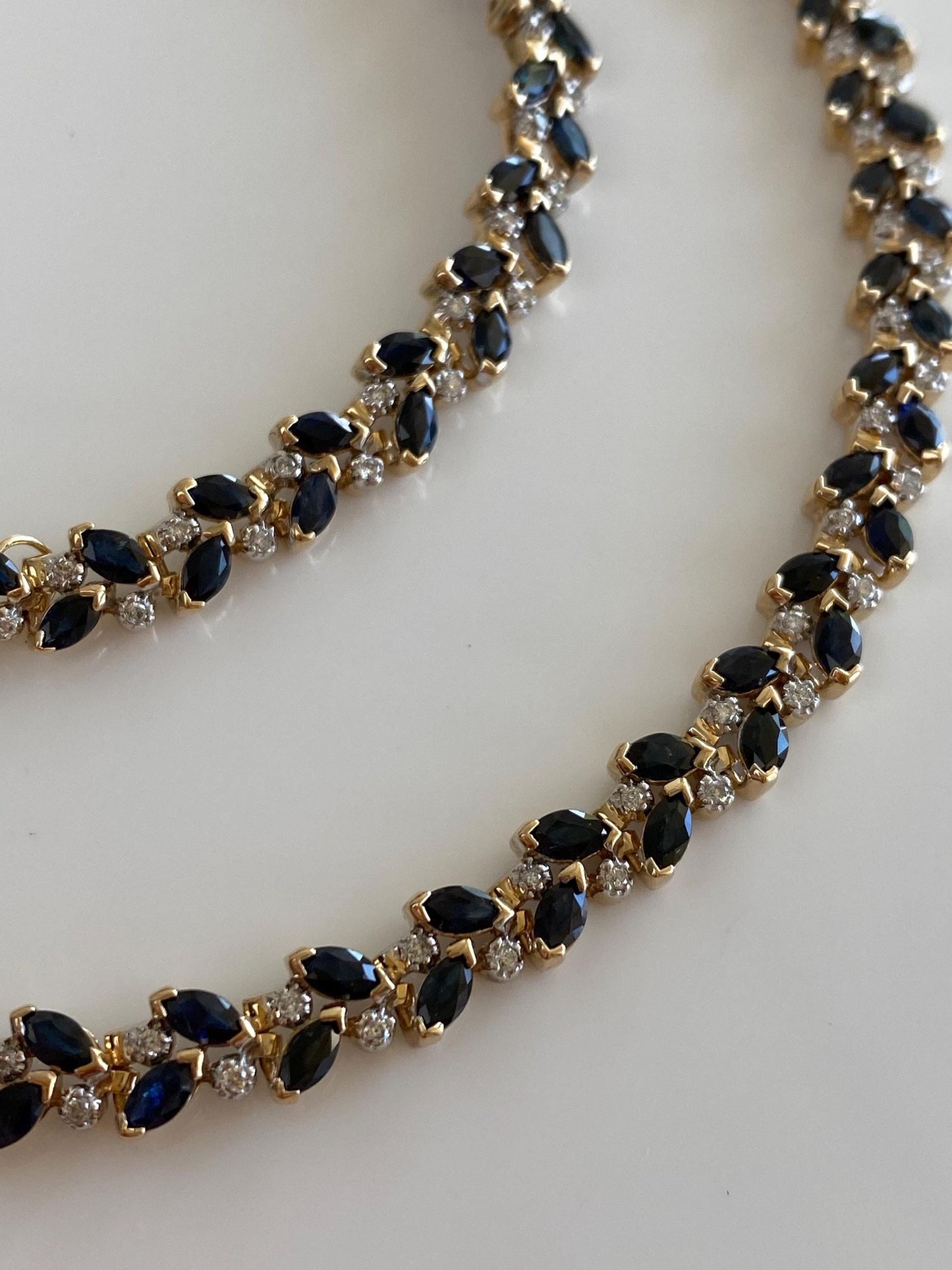 Vintage Solid 14k Yellow Gold Diamond Blue Sapphire Link Necklace - 16.5 inches