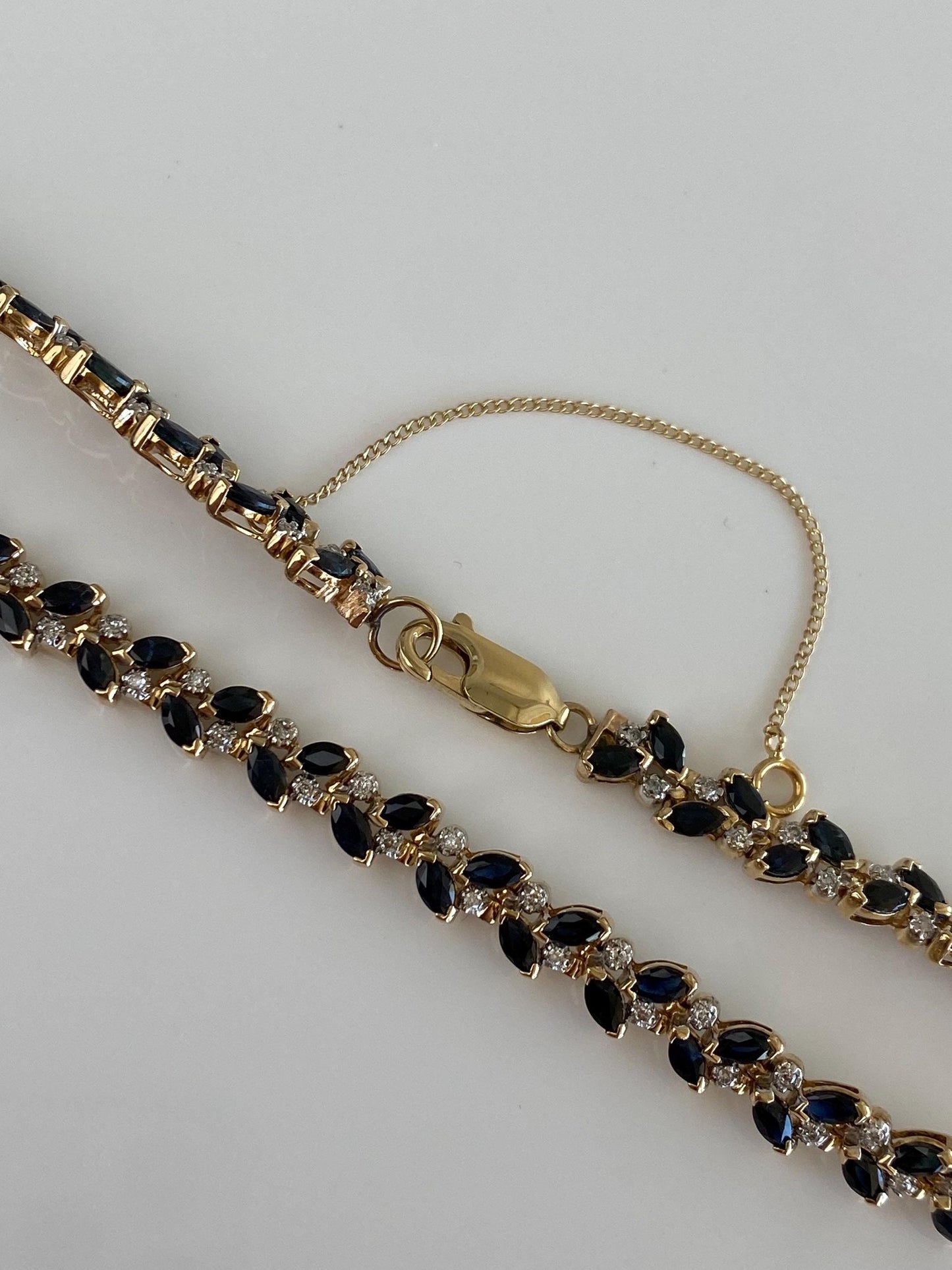 Vintage Solid 14k Yellow Gold Diamond Blue Sapphire Link Necklace - 16.5 inches