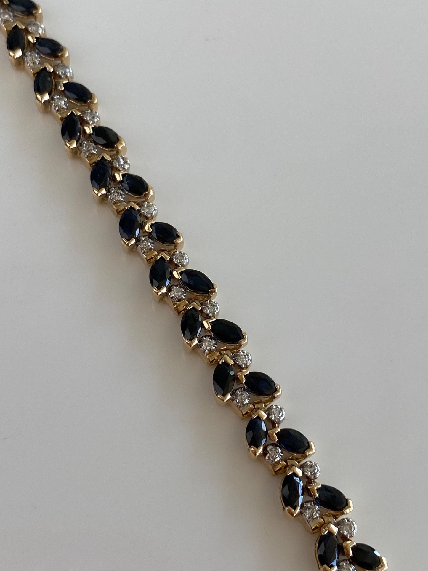 Vintage Solid 14k Yellow Gold Diamond Blue Sapphire Link Necklace - 16.5 inches