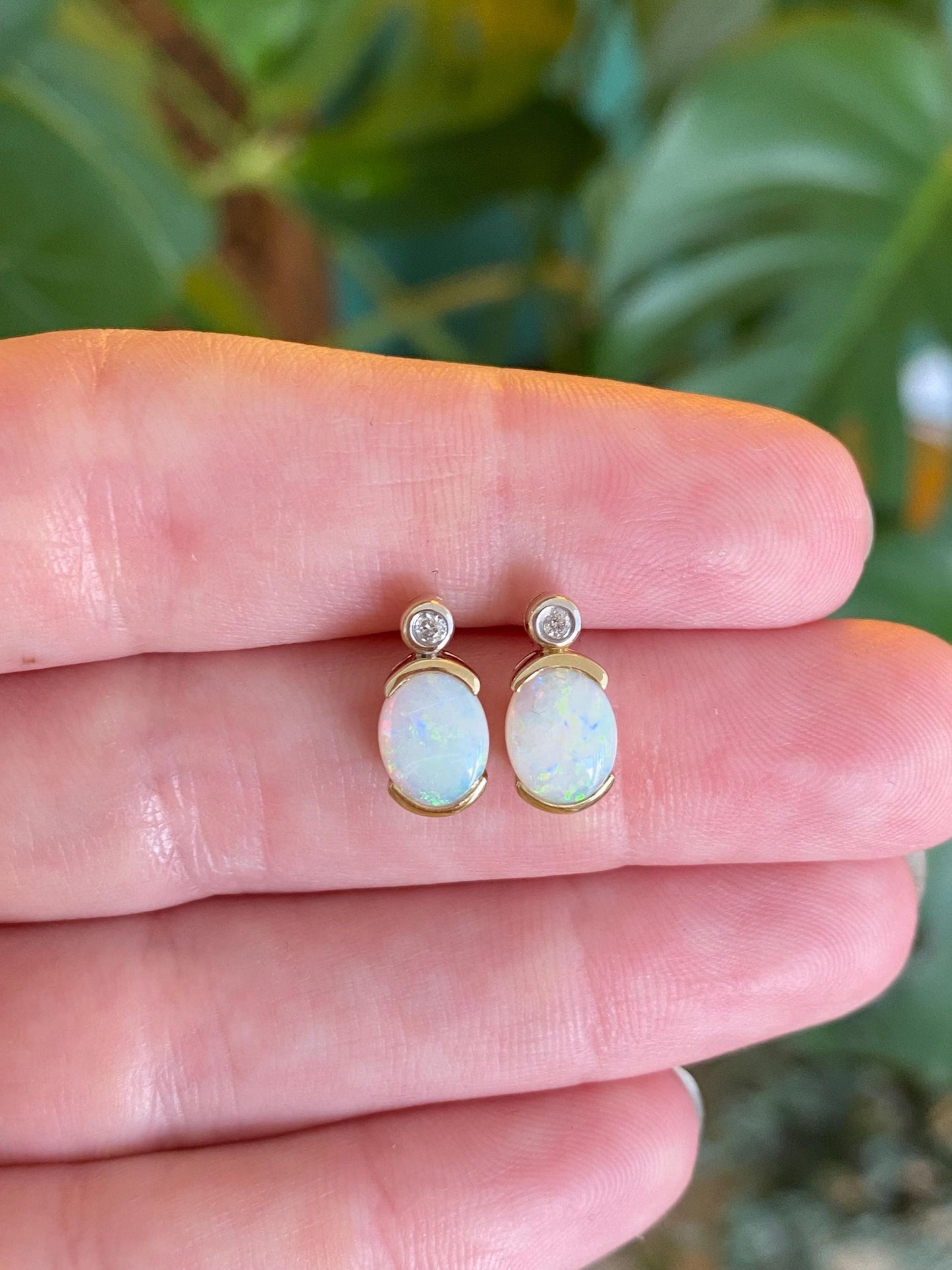 Vintage Solid 14k Yellow Gold Opal Diamond Stud Earrings