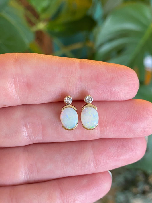 Vintage Solid 14k Yellow Gold Opal Diamond Stud Earrings