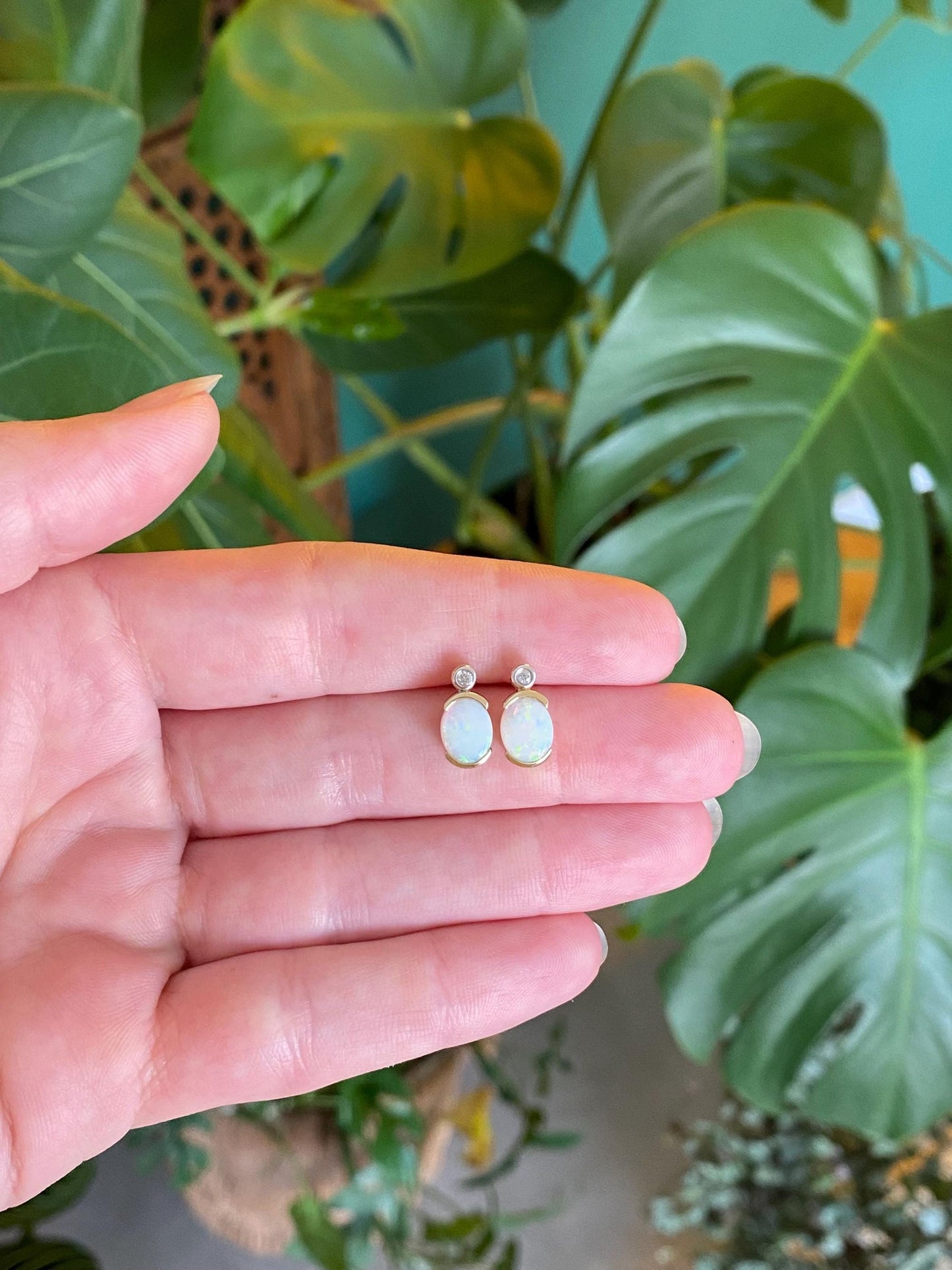 Vintage Solid 14k Yellow Gold Opal Diamond Stud Earrings