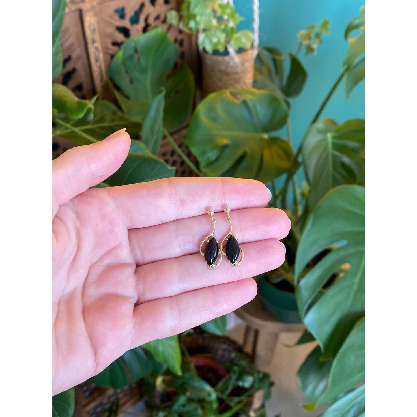 Solid 14k Black Onyx Dangle Stud Earrings