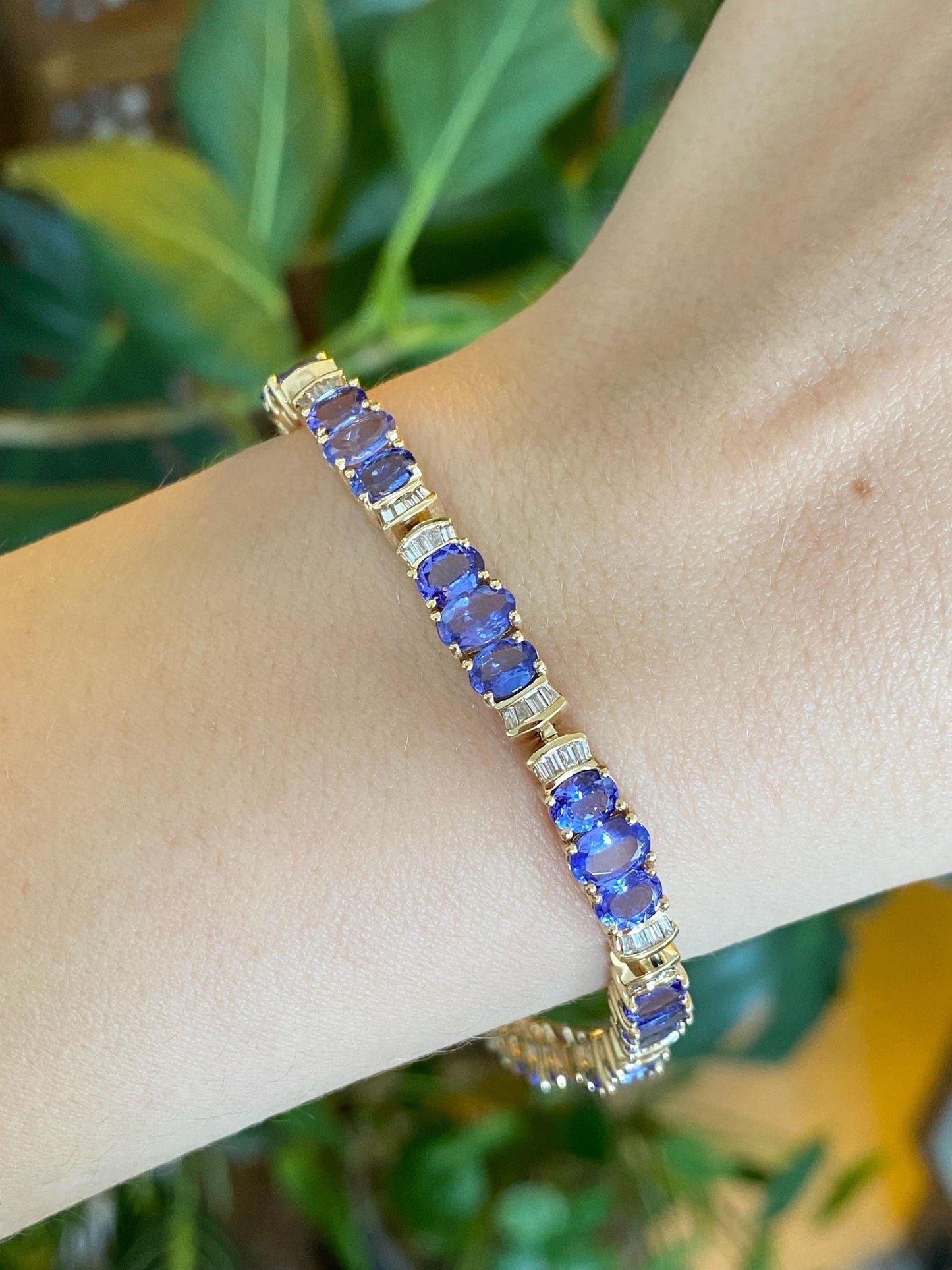 Vintage Solid 14k Yellow Gold Baguette Diamond Tanzanite Link Bracelet - 7.5 inches