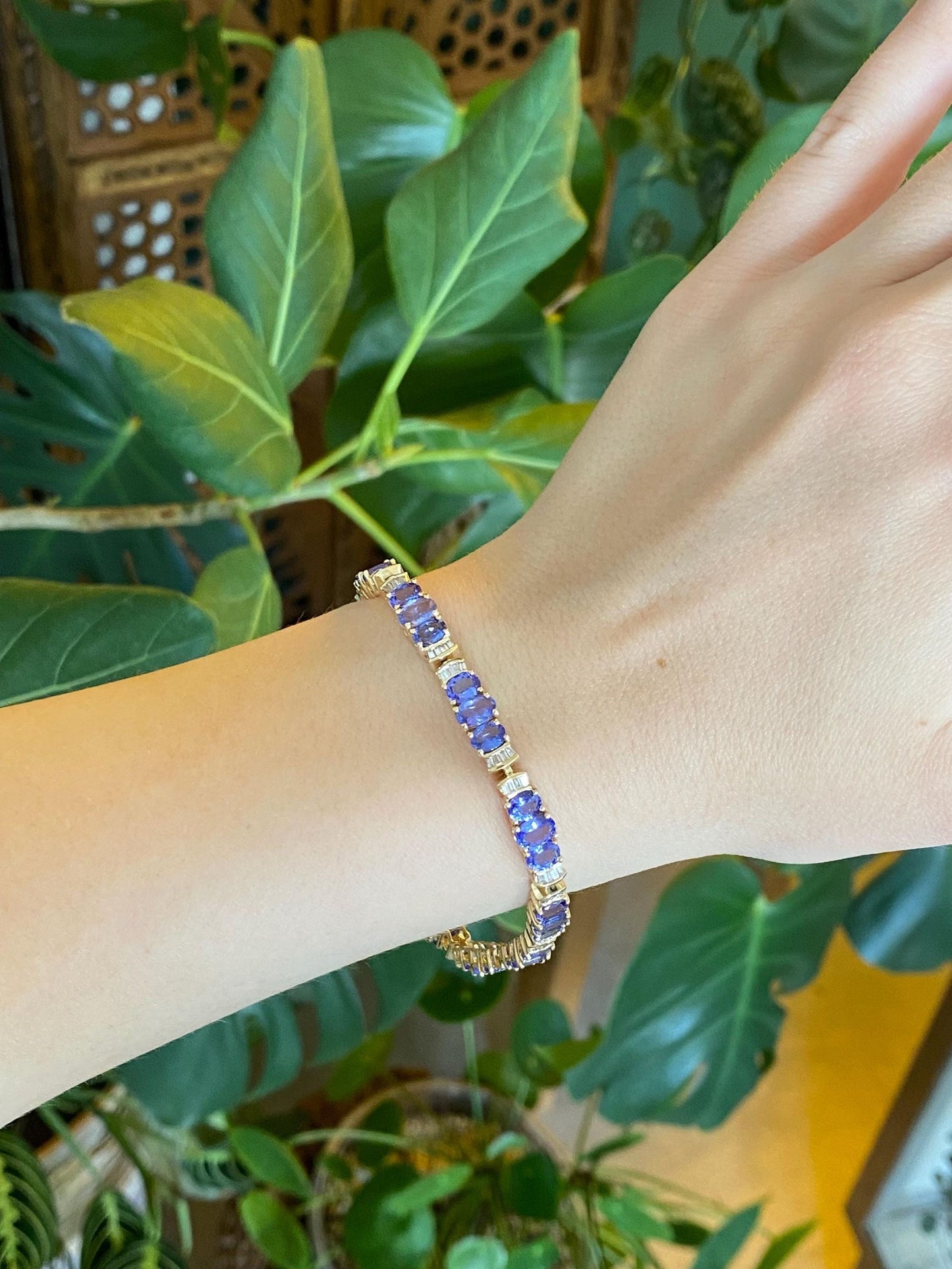 Vintage Solid 14k Yellow Gold Baguette Diamond Tanzanite Link Bracelet - 7.5 inches