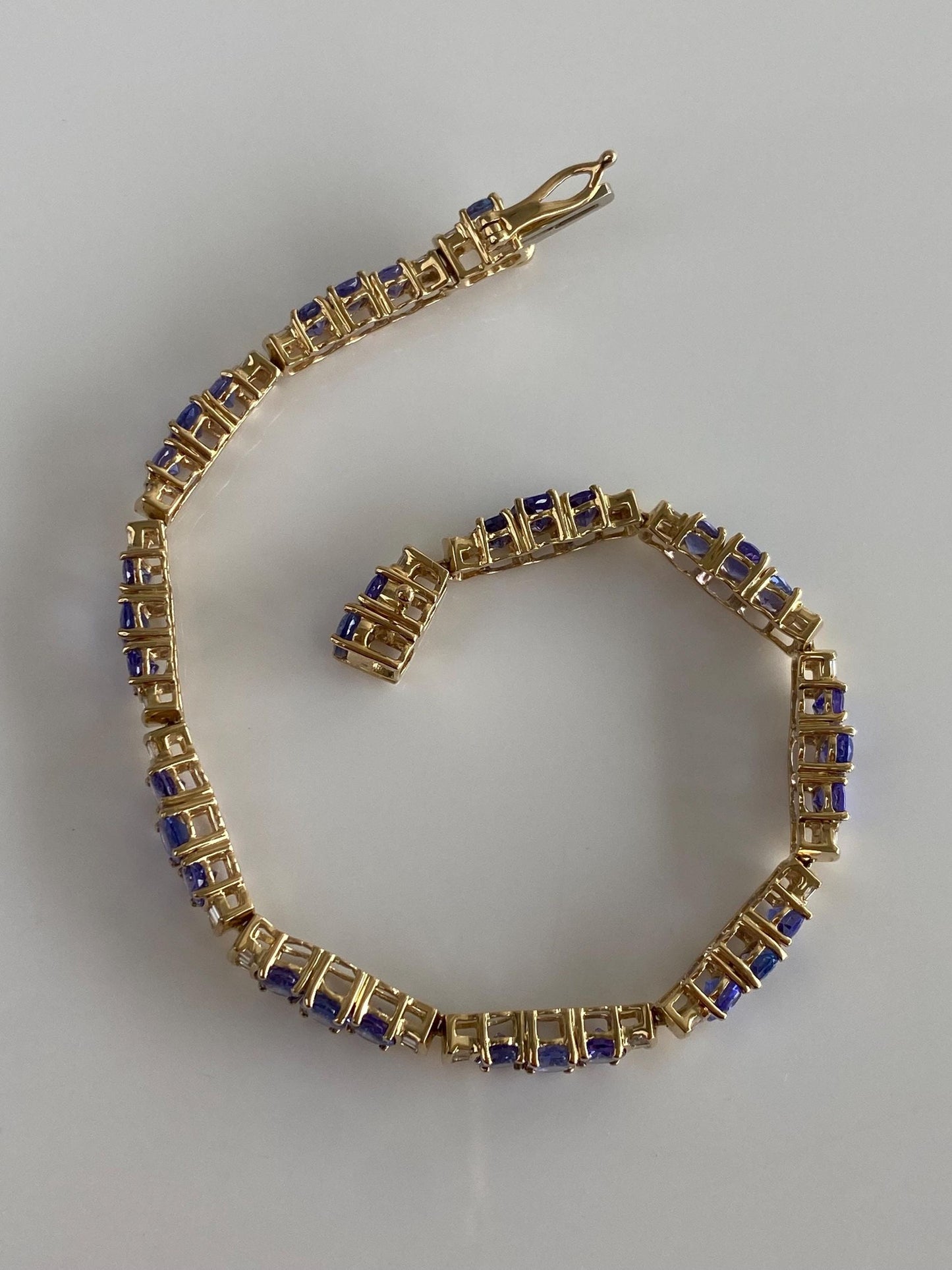 Vintage Solid 14k Yellow Gold Baguette Diamond Tanzanite Link Bracelet - 7.5 inches