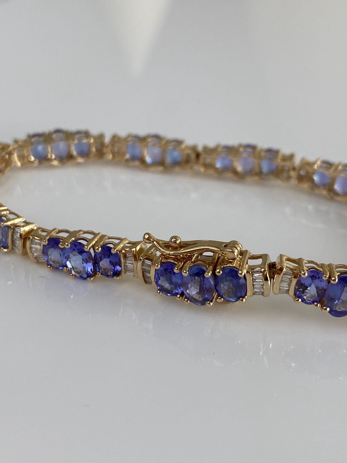 Vintage Solid 14k Yellow Gold Baguette Diamond Tanzanite Link Bracelet - 7.5 inches