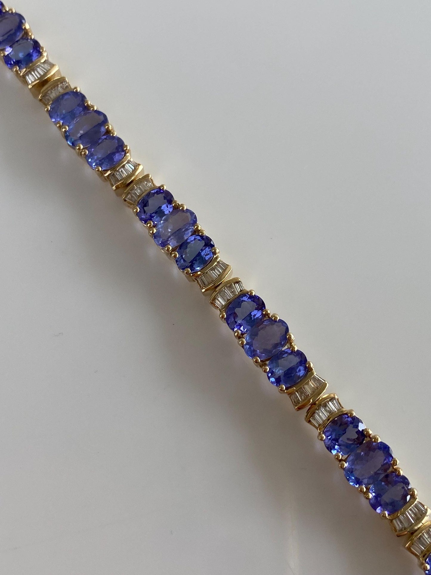 Vintage Solid 14k Yellow Gold Baguette Diamond Tanzanite Link Bracelet - 7.5 inches