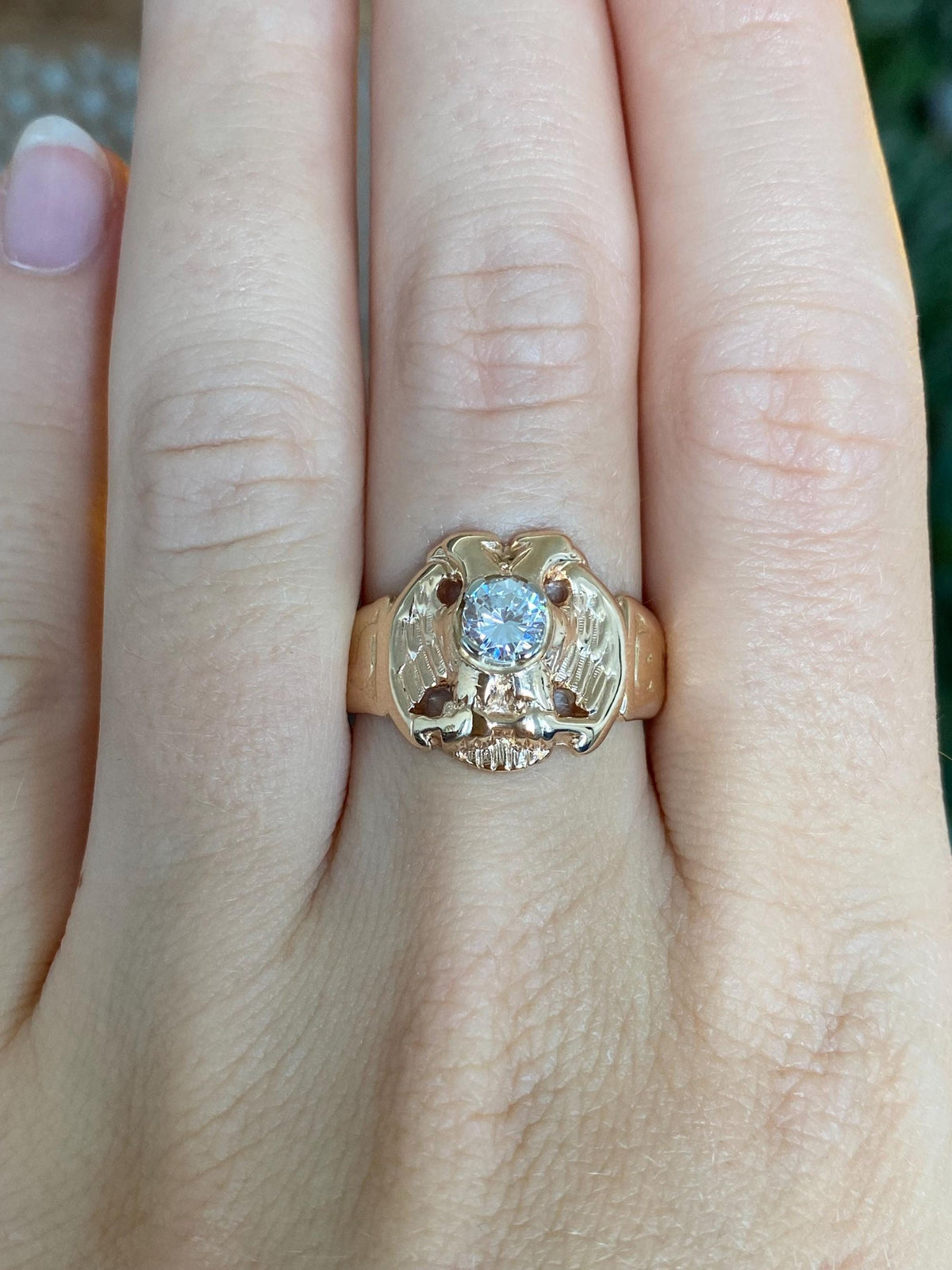 Vintage Solid 14k Rosey Gold Clear Cubic Zirconia Eagle Ring - Size 8