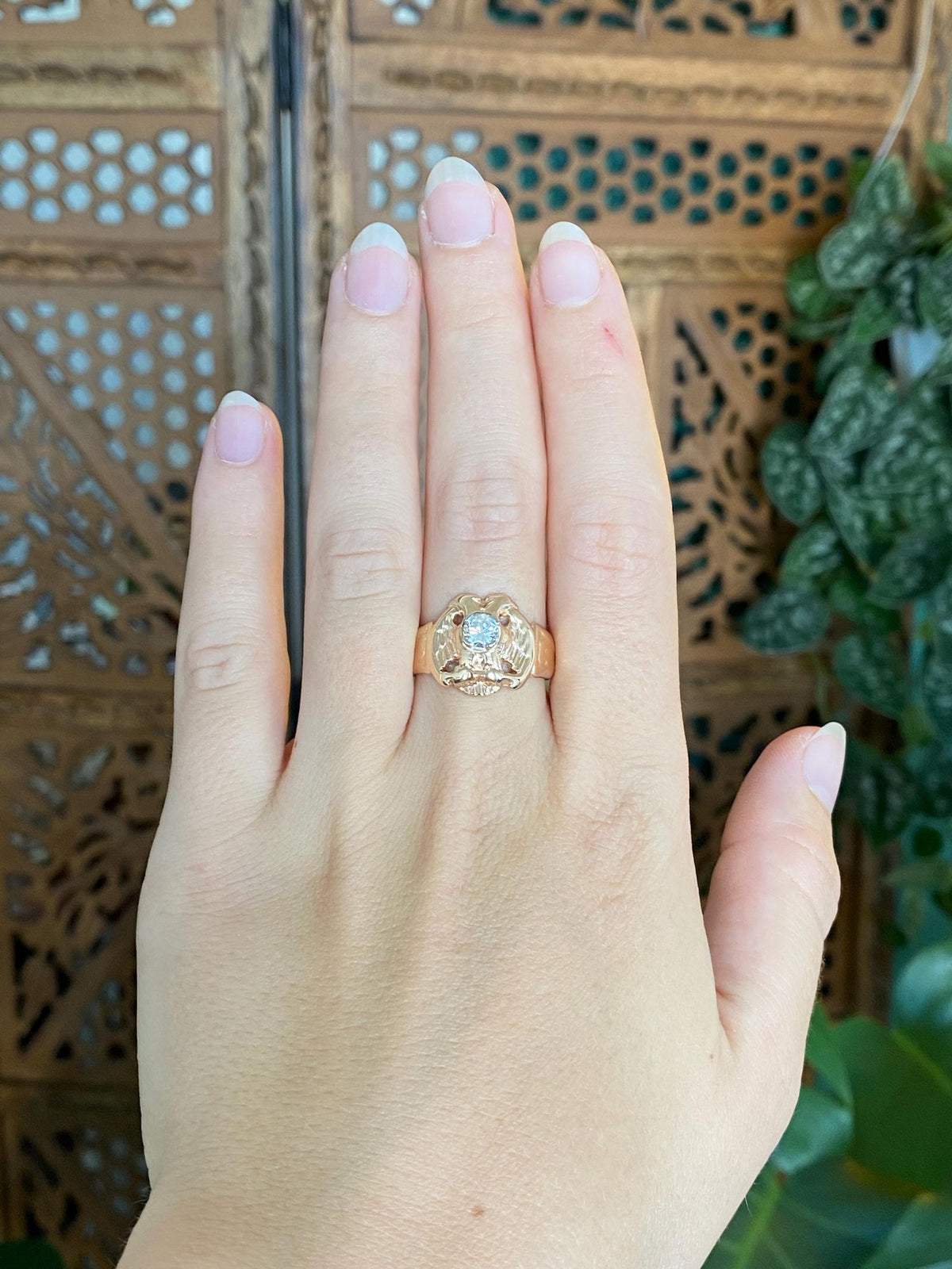 Vintage Solid 14k Rosey Gold Clear Cubic Zirconia Eagle Ring - Size 8