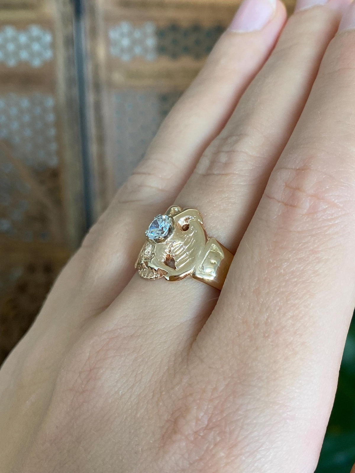 Vintage Solid 14k Rosey Gold Clear Cubic Zirconia Eagle Ring - Size 8