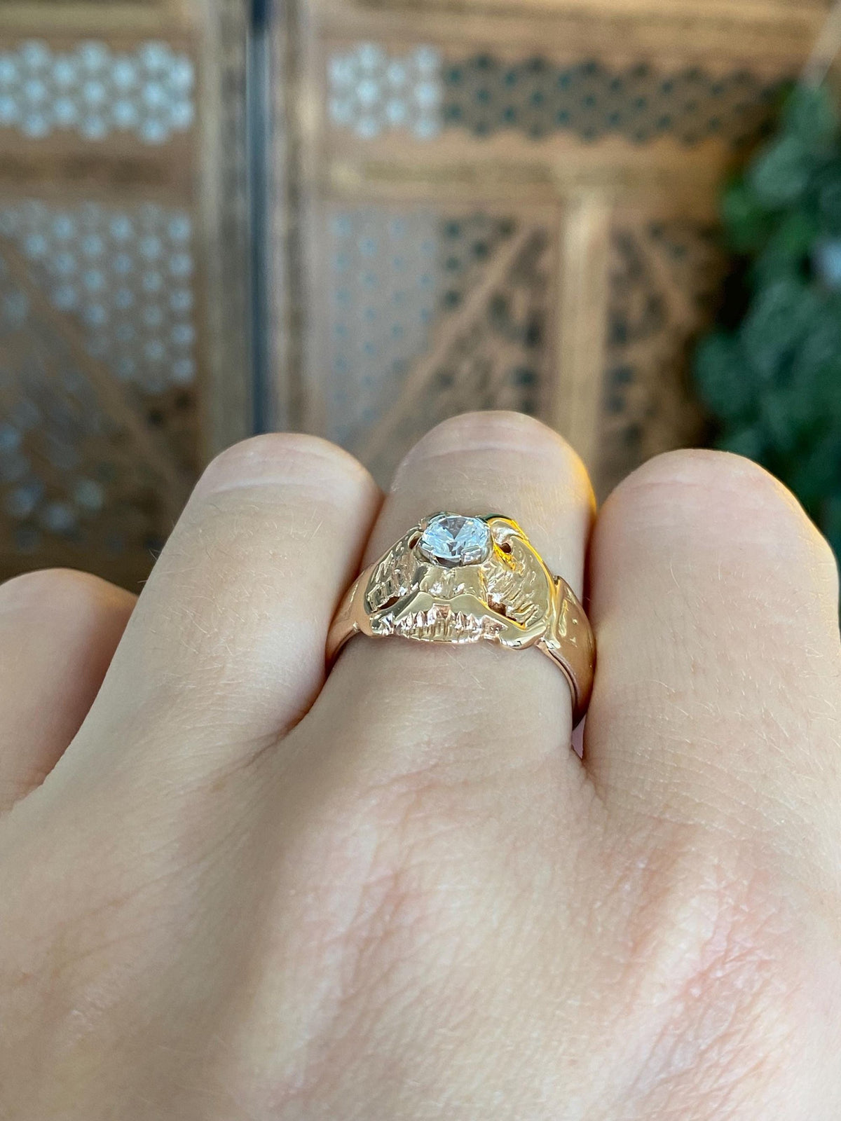 Vintage Solid 14k Rosey Gold Clear Cubic Zirconia Eagle Ring - Size 8