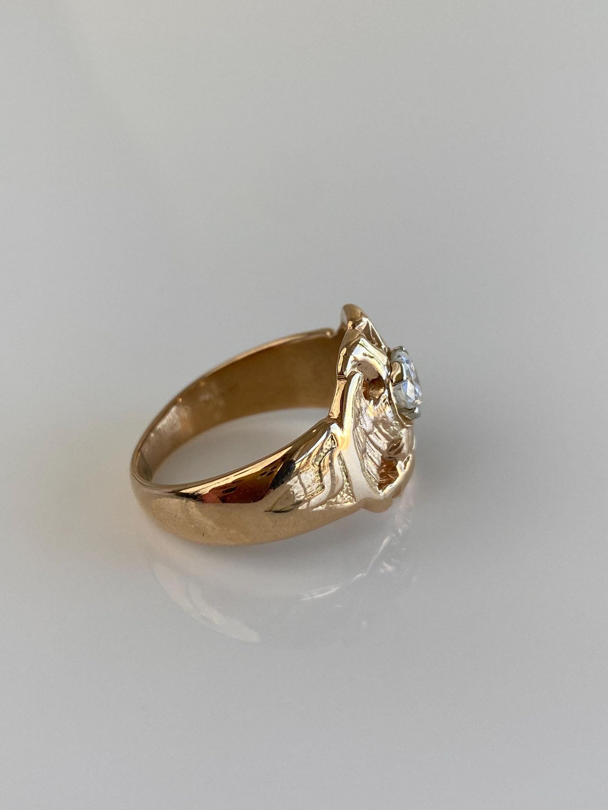 Vintage Solid 14k Rosey Gold Clear Cubic Zirconia Eagle Ring - Size 8