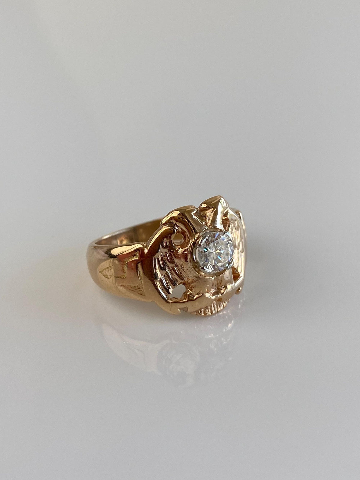 Vintage Solid 14k Rosey Gold Clear Cubic Zirconia Eagle Ring - Size 8