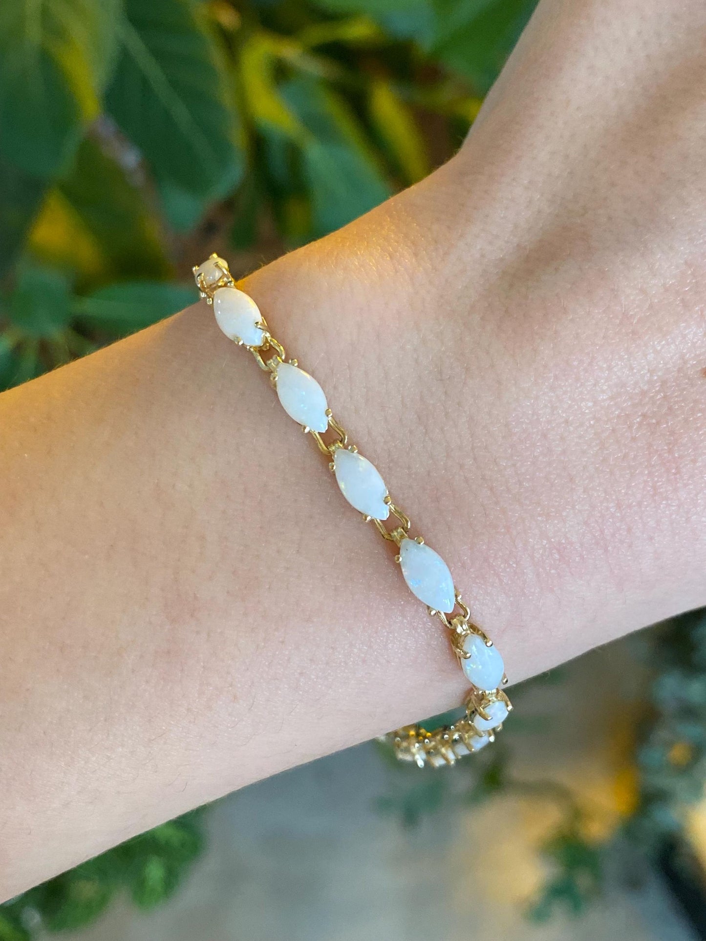 Vintage Solid 14k Yellow Gold Opal Link Bracelet - 7 inches