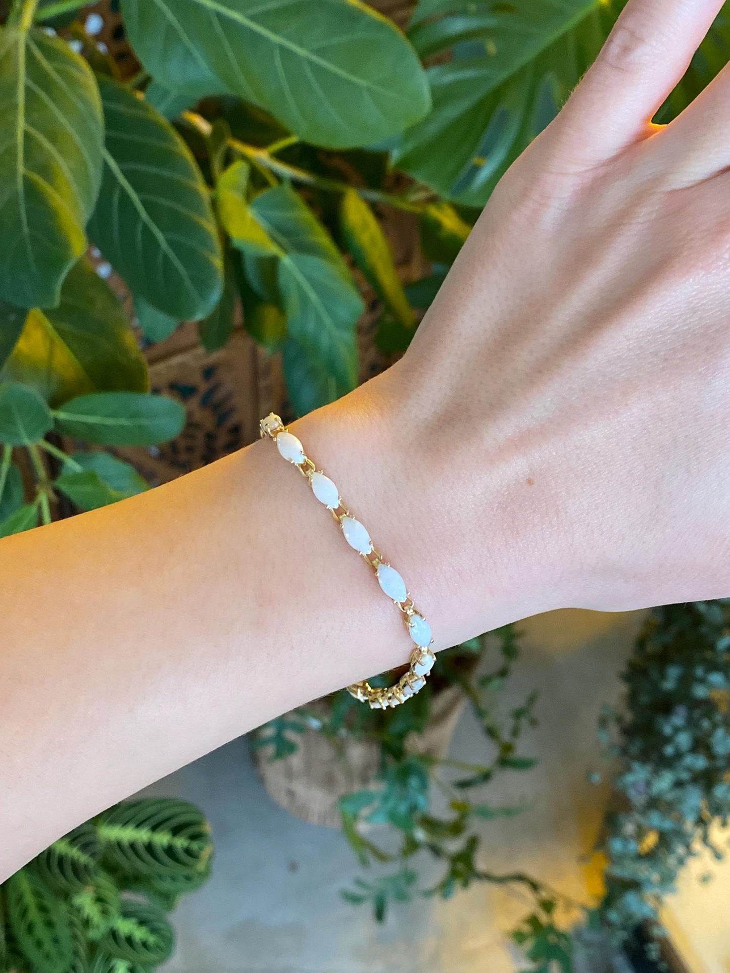 Vintage Solid 14k Yellow Gold Opal Link Bracelet - 7 inches