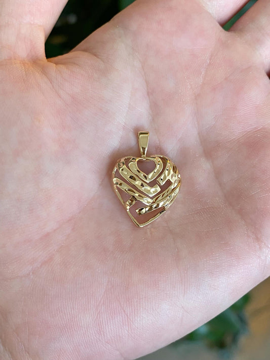 Solid 14k Yellow Gold Diamond Cut Open Work Heart Charm