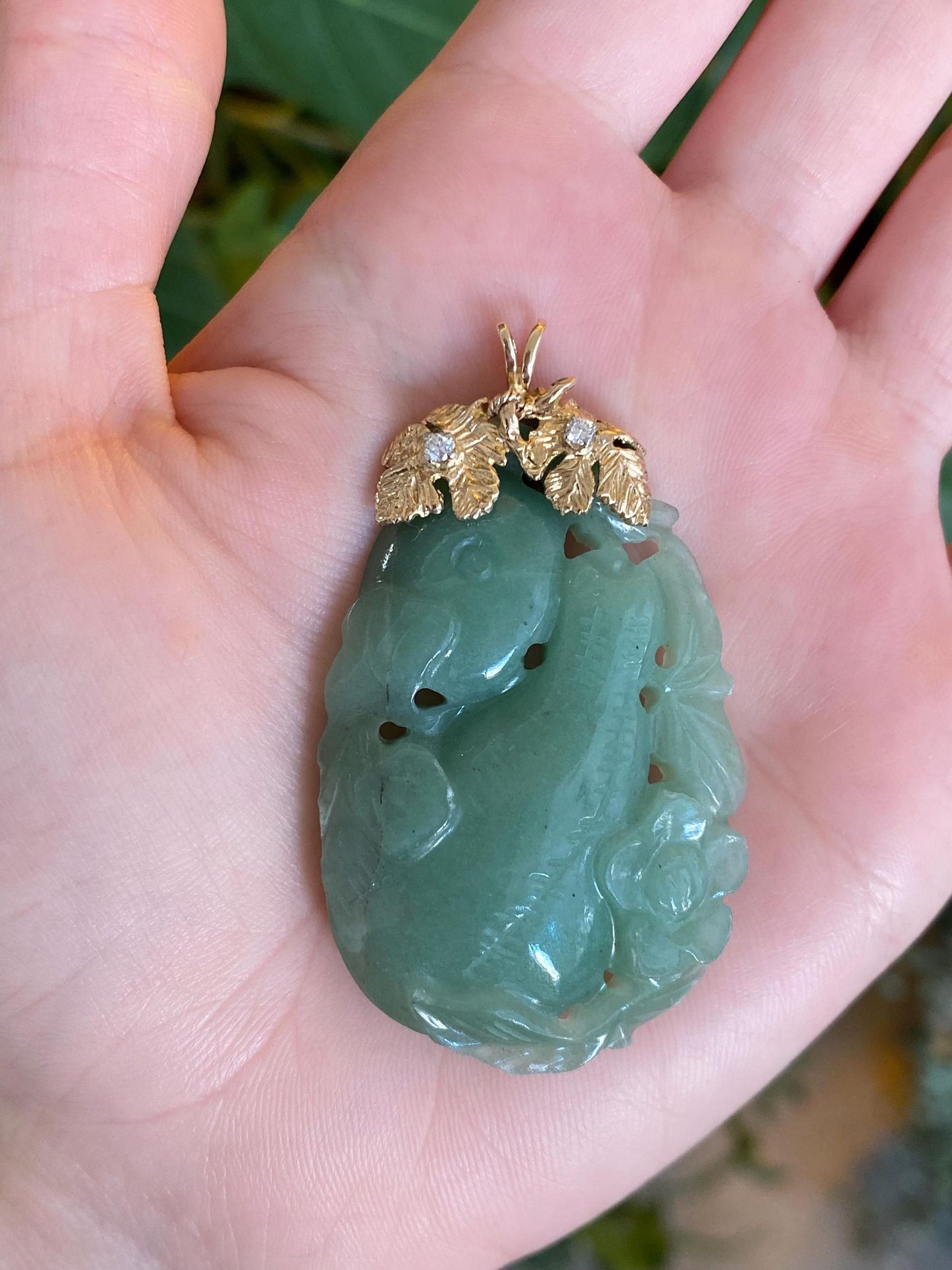 Vintage Solid 14k Yellow Gold Diamond Carved Jade Charm