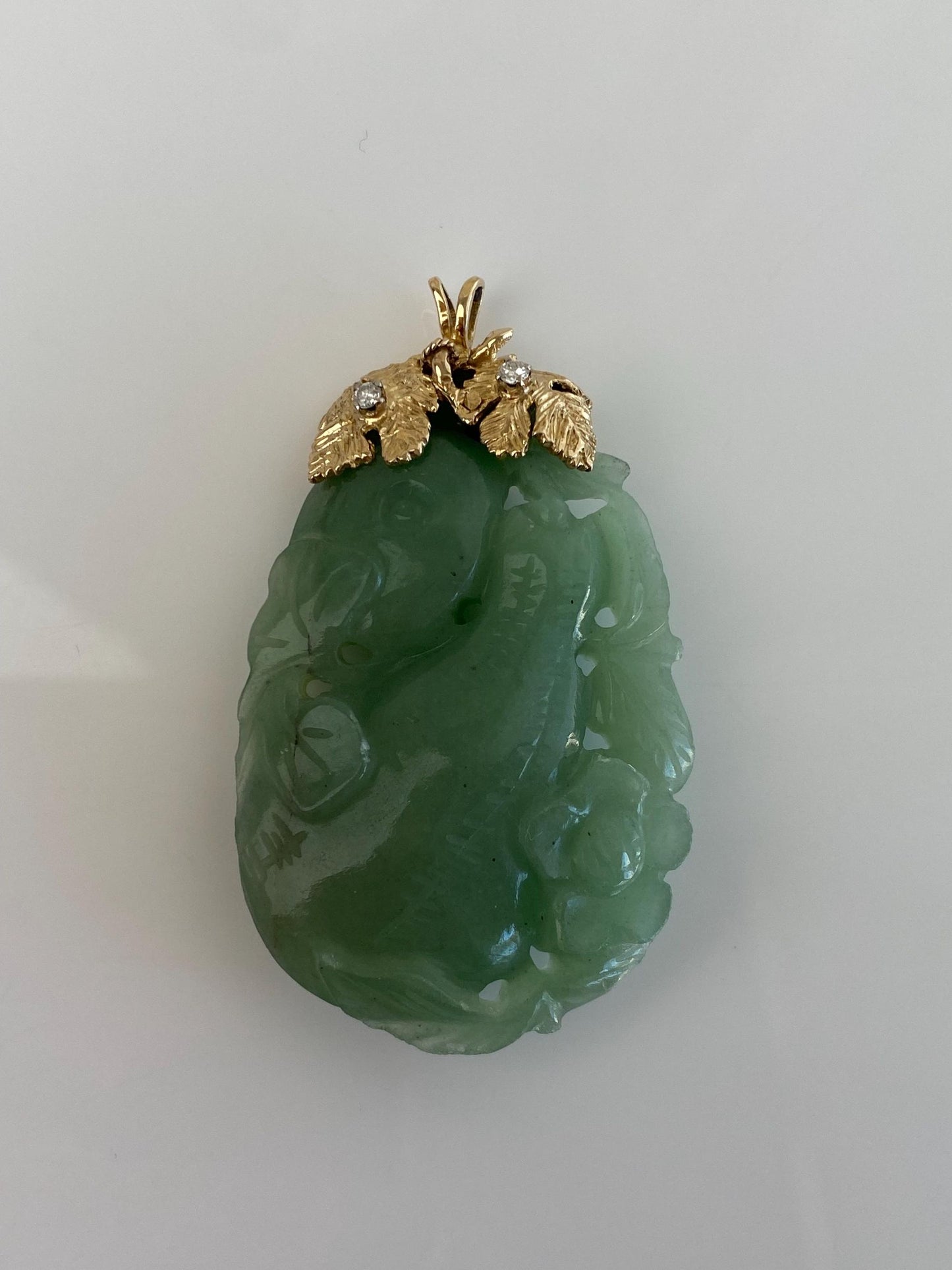 Vintage Solid 14k Yellow Gold Diamond Carved Jade Charm