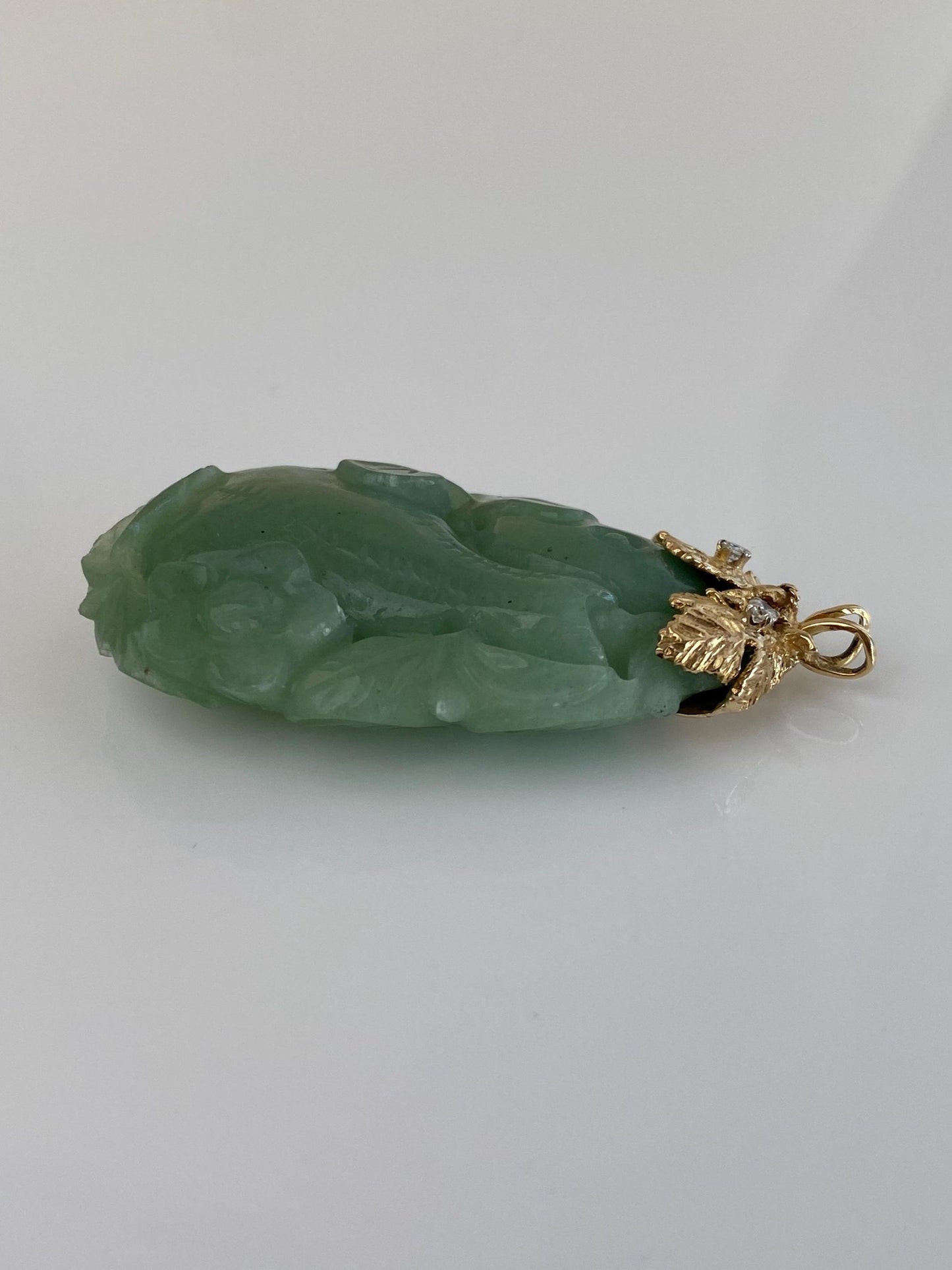 Vintage Solid 14k Yellow Gold Diamond Carved Jade Charm