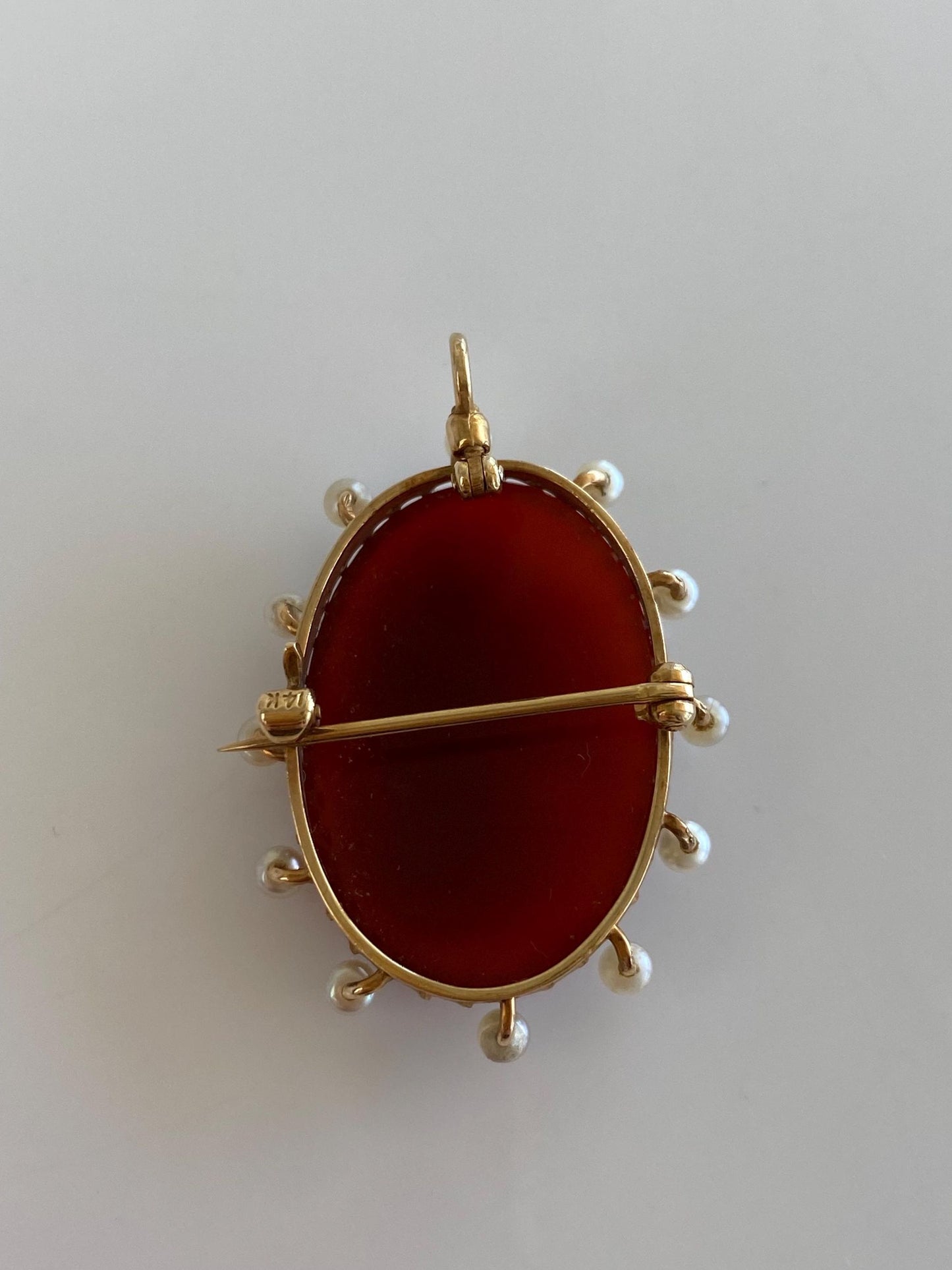 Vintage Solid 14k Yellow Gold Pearl Border Cameo Brooch Pin Charm