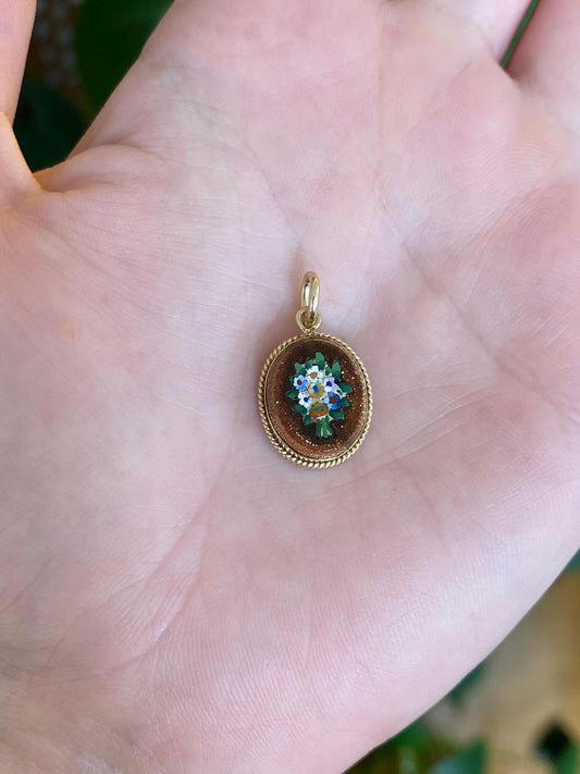 Vintage Solid 10k Yellow Gold Sunstone Mosaic Floral Bouquet Cufflink Charm