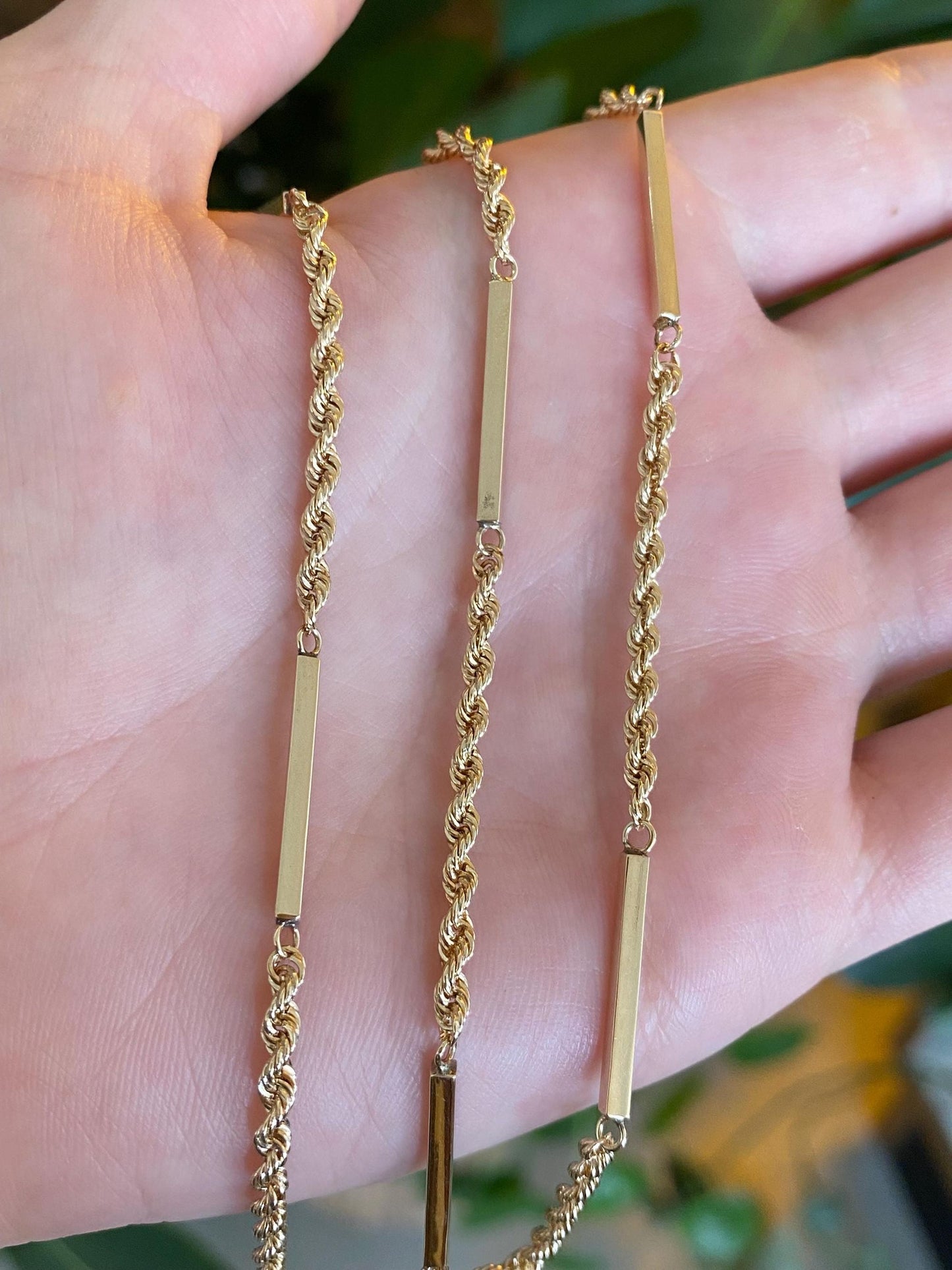 Vintage Solid 14k Yellow Gold Bar Link Rope Chain Necklace - 22.25 inches