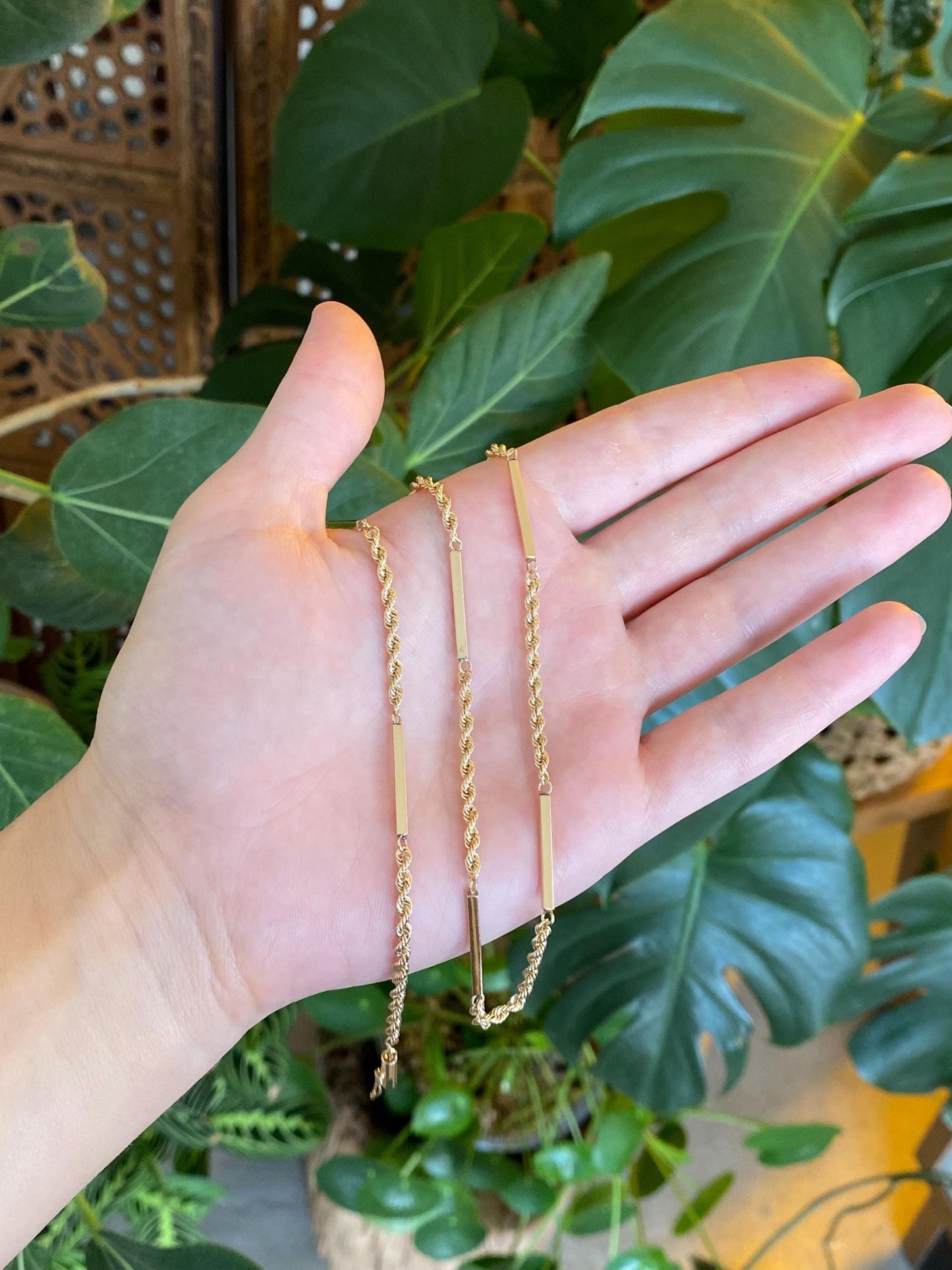 Vintage Solid 14k Yellow Gold Bar Link Rope Chain Necklace - 22.25 inches