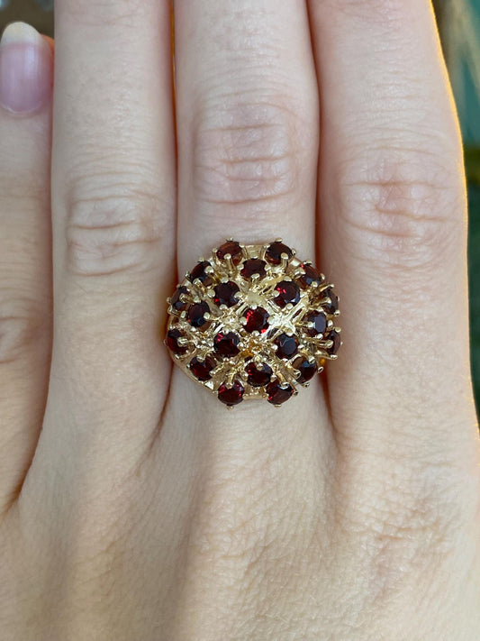 Vintage Solid 14k Yellow Gold Garnet Cluster Domed Open Work Ring - Size 7