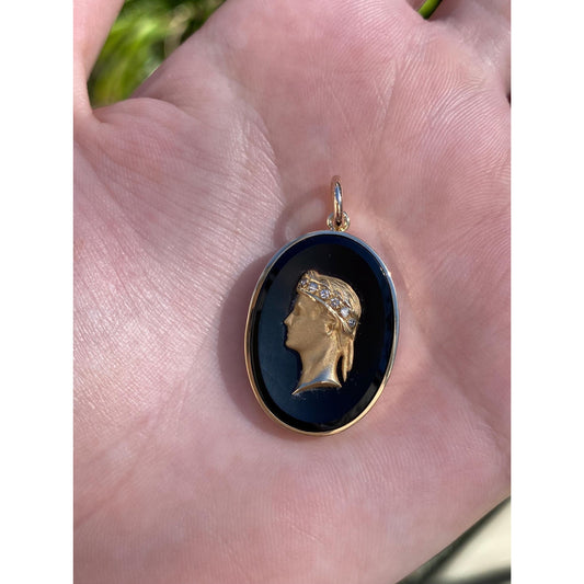 Vintage Solid 14k Yellow Gold Diamond Onyx Roman Cameo Charm