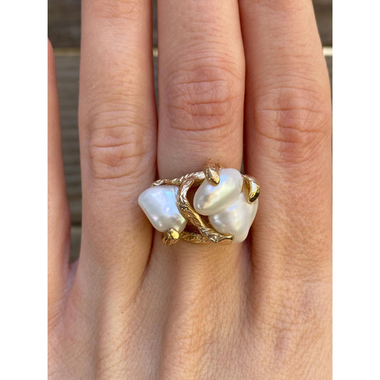 Vintage Solid 14k Yellow Gold Freeform Pearl Branch Ring - Size 5.5