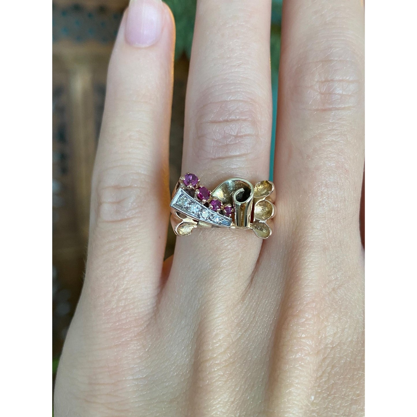 Solid 14k Tri Tone Gold Diamond Pink Spinel Ring - Size 4.75