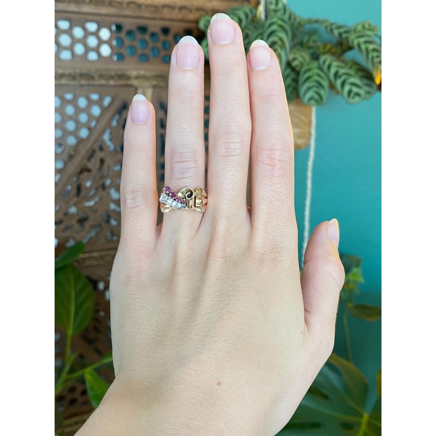 Solid 14k Tri Tone Gold Diamond Pink Spinel Ring - Size 4.75