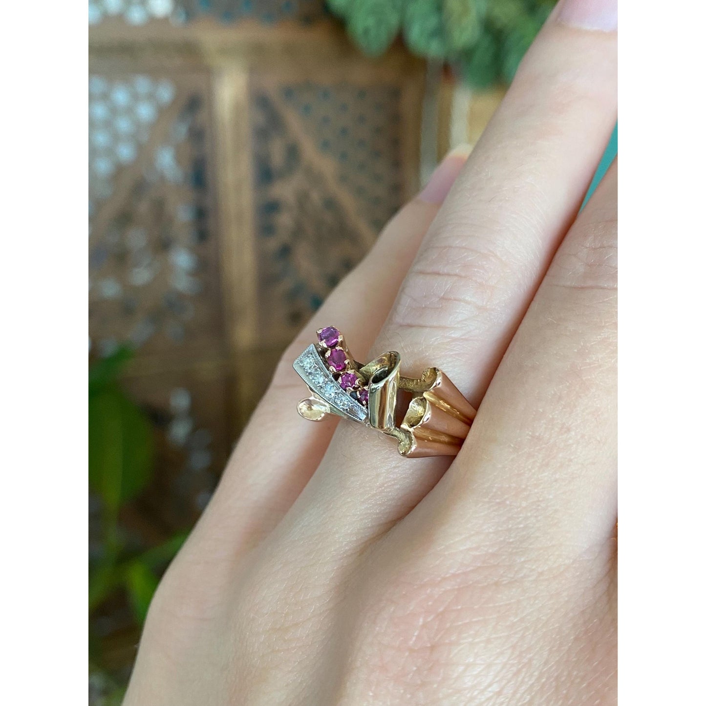 Solid 14k Tri Tone Gold Diamond Pink Spinel Ring - Size 4.75