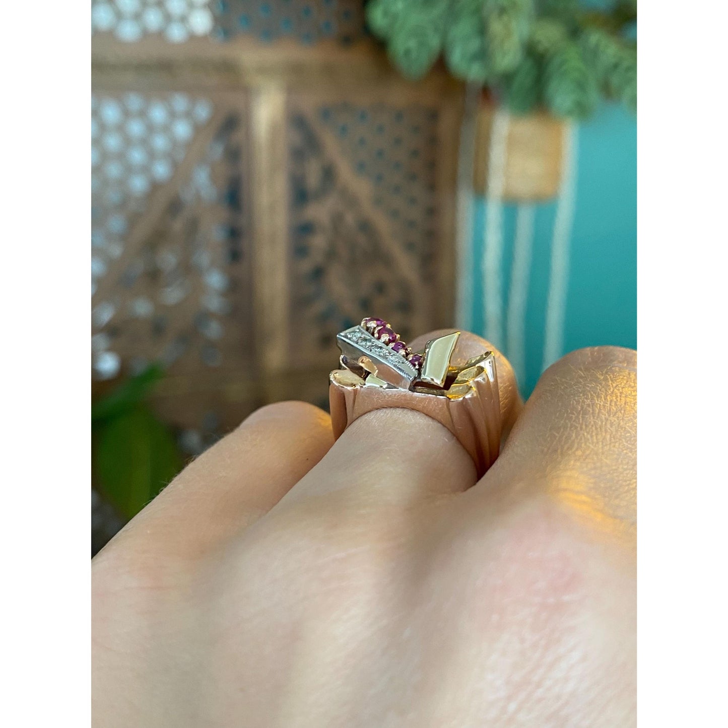 Solid 14k Tri Tone Gold Diamond Pink Spinel Ring - Size 4.75