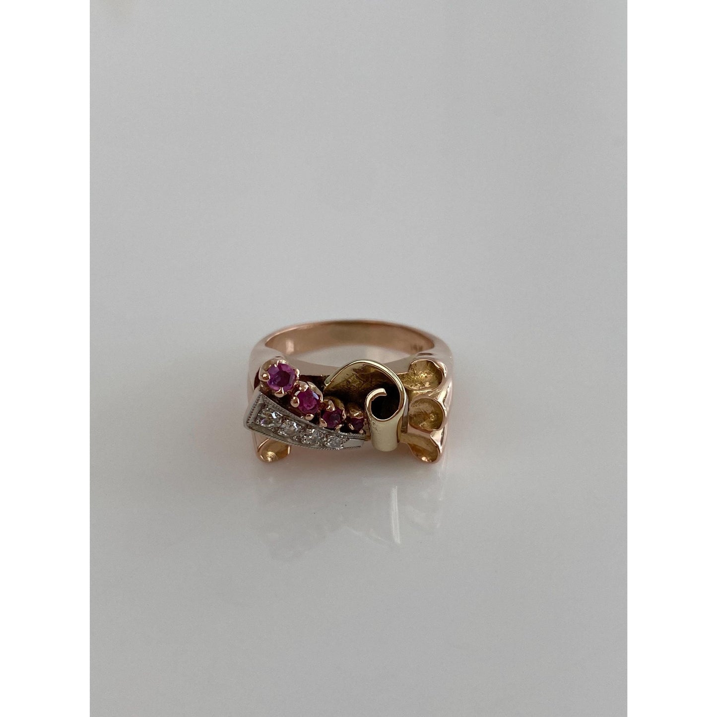 Solid 14k Tri Tone Gold Diamond Pink Spinel Ring - Size 4.75