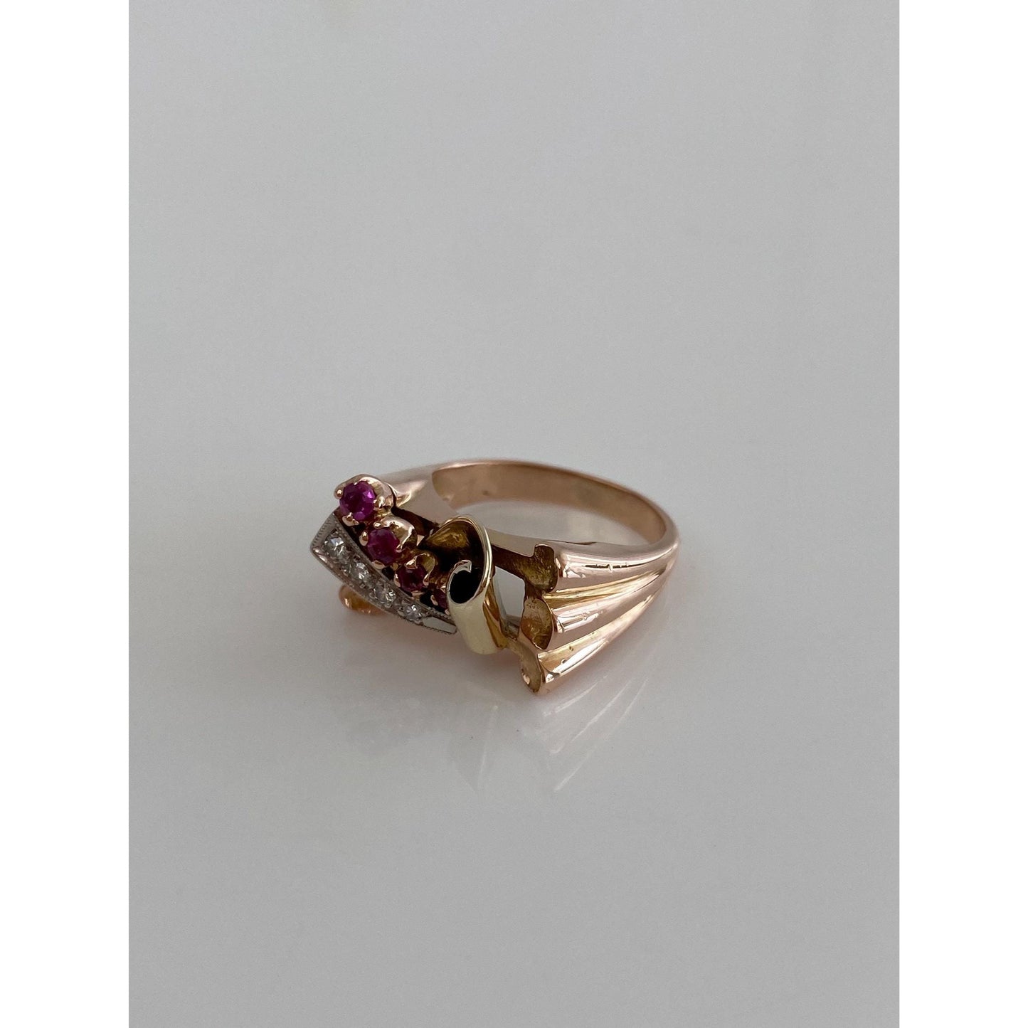 Solid 14k Tri Tone Gold Diamond Pink Spinel Ring - Size 4.75