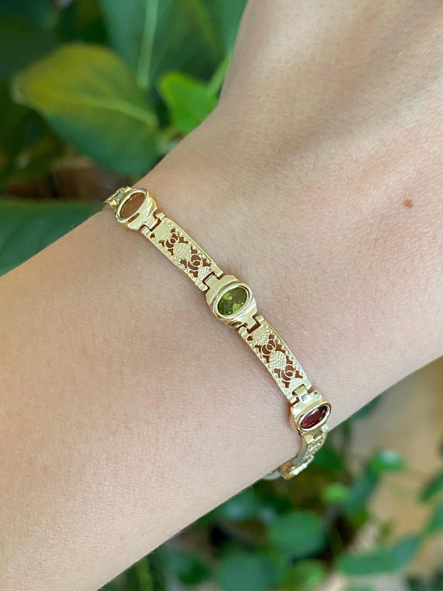 Solid 14k Yellow Gold Filigree Open Work Amethyst Garnet Citrine Topaz & Peridot Link Bracelet - 7 Inches