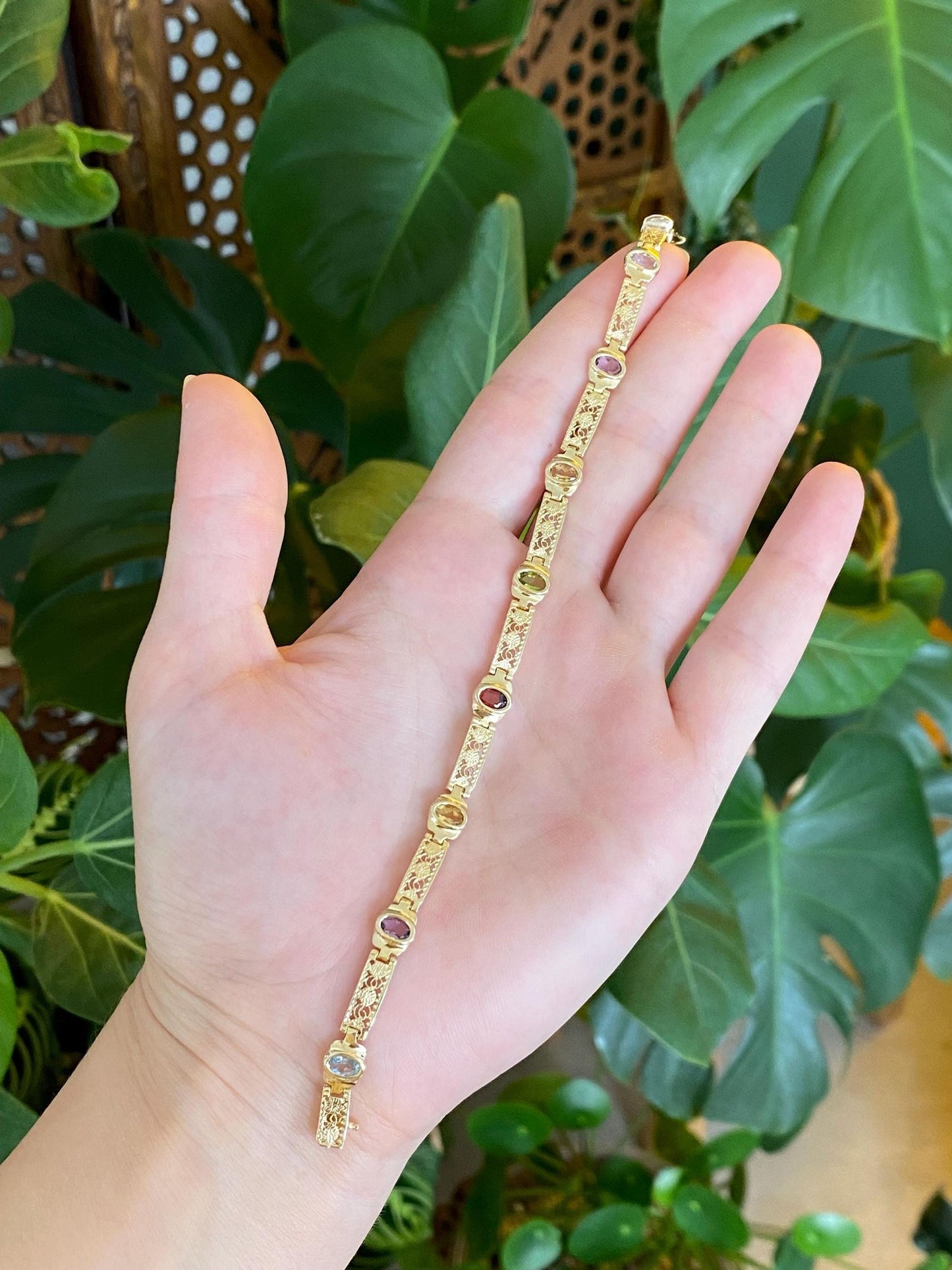 Solid 14k Yellow Gold Filigree Open Work Amethyst Garnet Citrine Topaz & Peridot Link Bracelet - 7 Inches