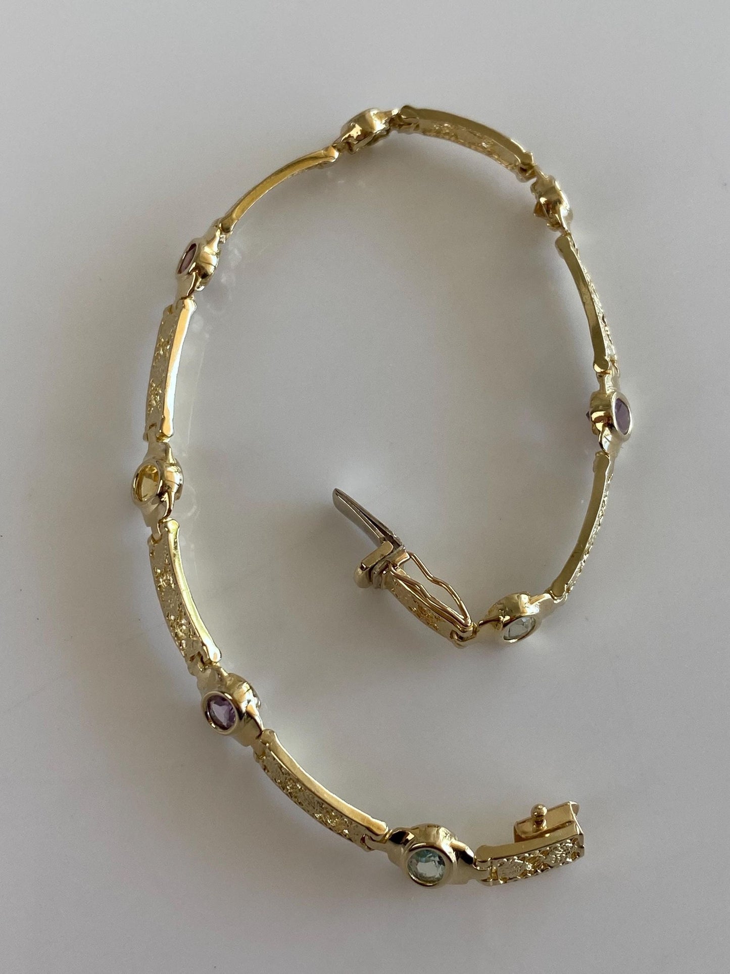 Solid 14k Yellow Gold Filigree Open Work Amethyst Garnet Citrine Topaz & Peridot Link Bracelet - 7 Inches