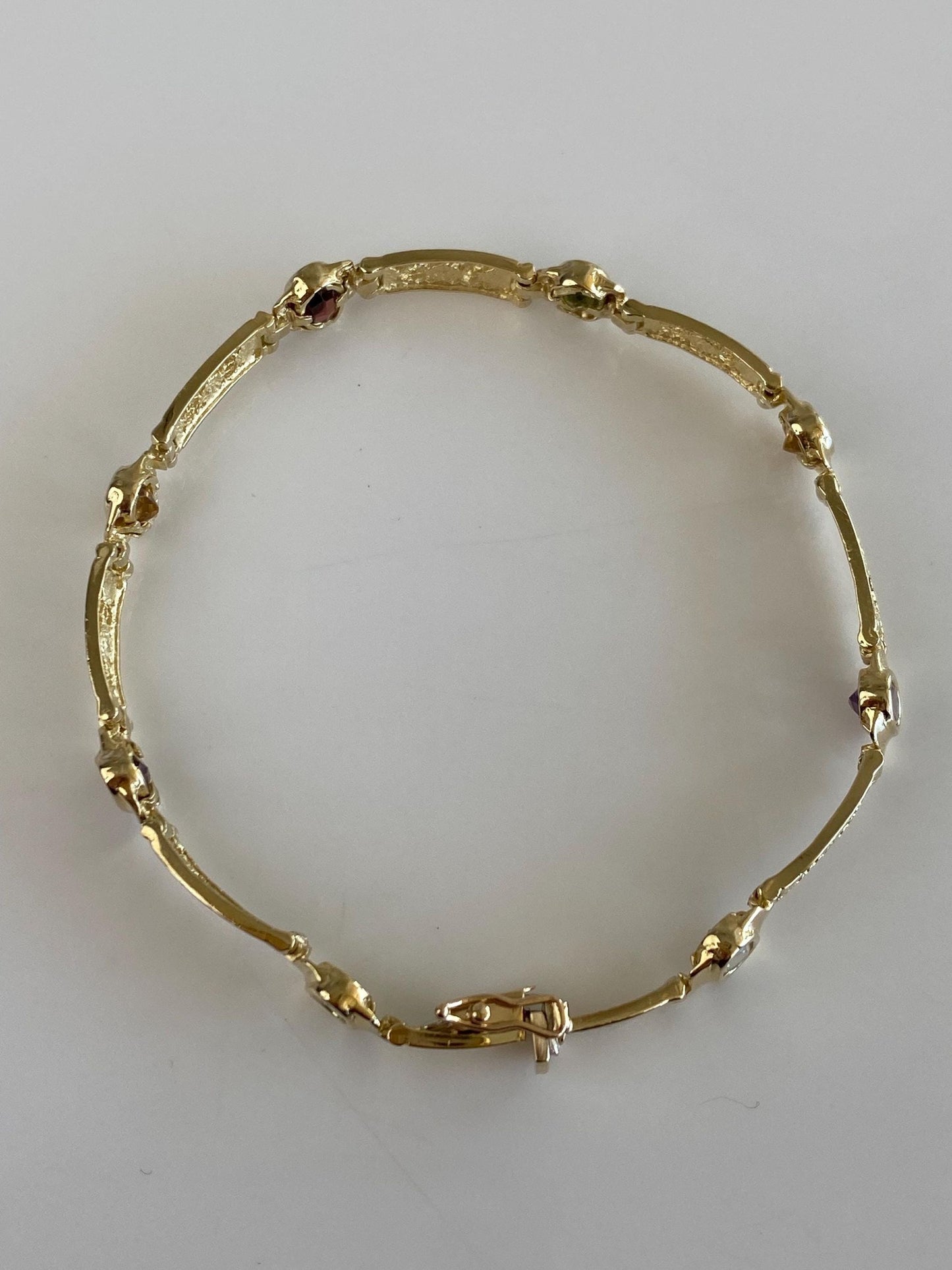Solid 14k Yellow Gold Filigree Open Work Amethyst Garnet Citrine Topaz & Peridot Link Bracelet - 7 Inches