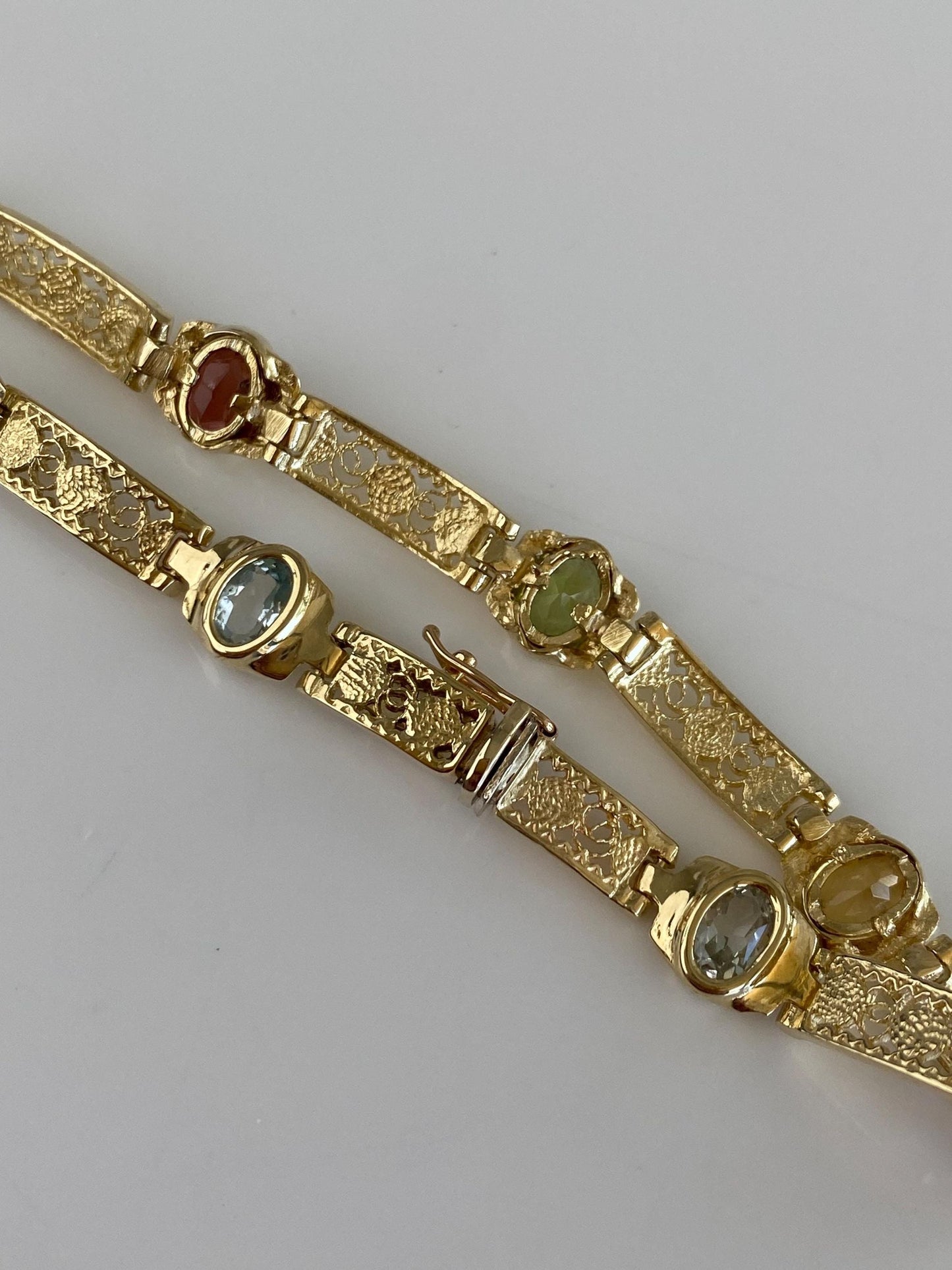 Solid 14k Yellow Gold Filigree Open Work Amethyst Garnet Citrine Topaz & Peridot Link Bracelet - 7 Inches