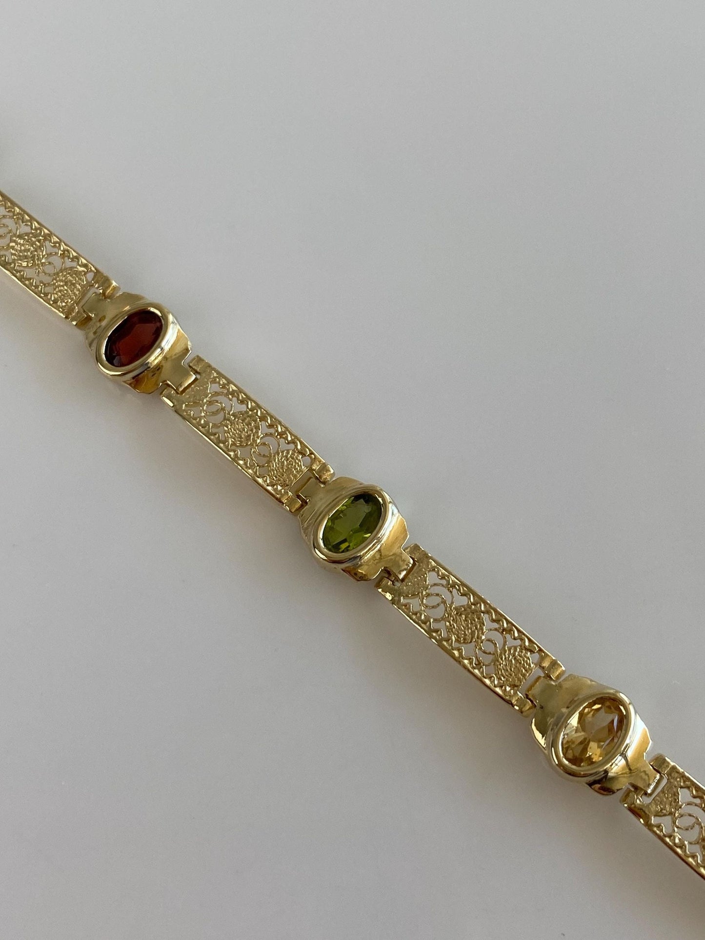 Solid 14k Yellow Gold Filigree Open Work Amethyst Garnet Citrine Topaz & Peridot Link Bracelet - 7 Inches