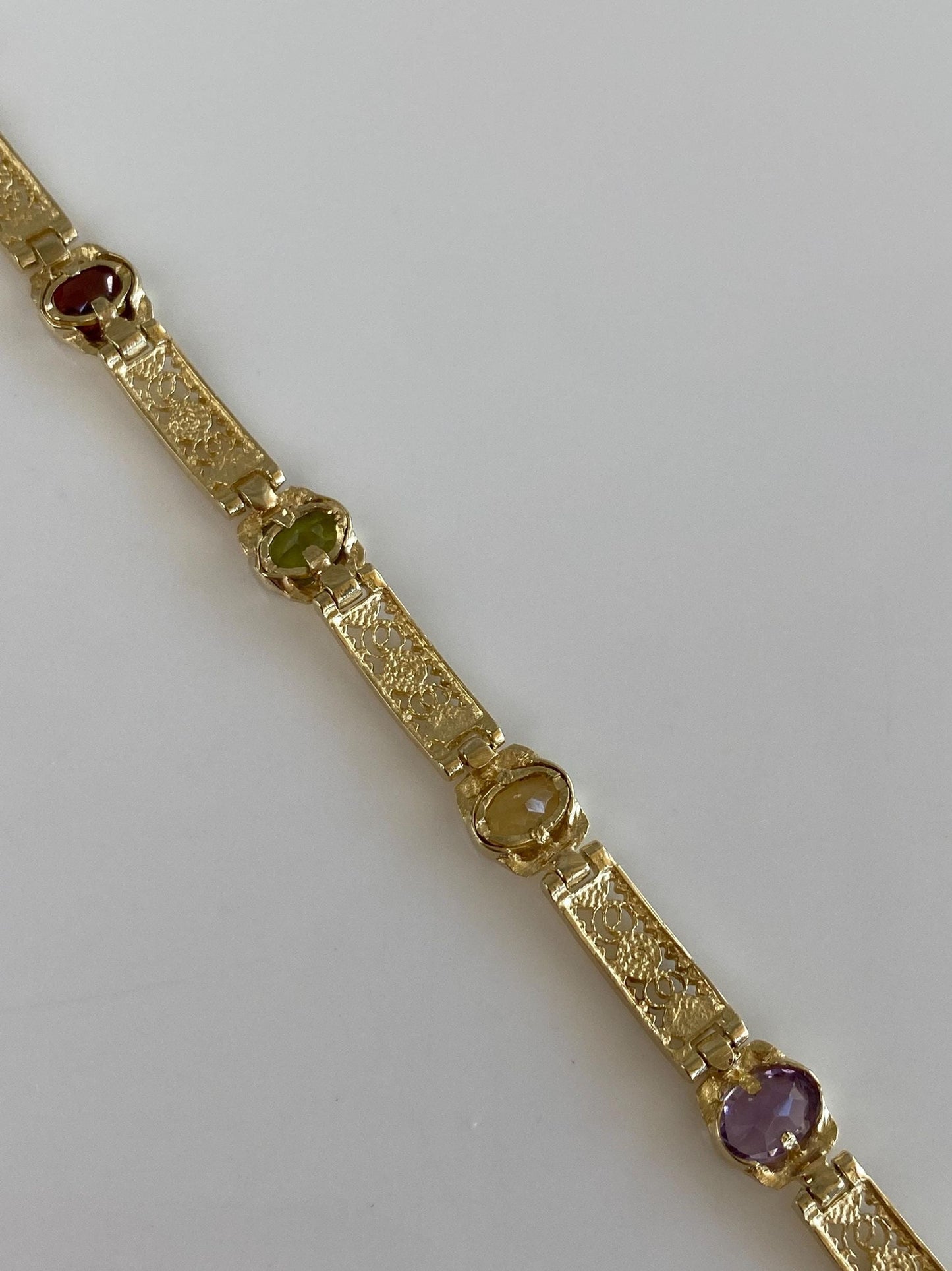 Solid 14k Yellow Gold Filigree Open Work Amethyst Garnet Citrine Topaz & Peridot Link Bracelet - 7 Inches