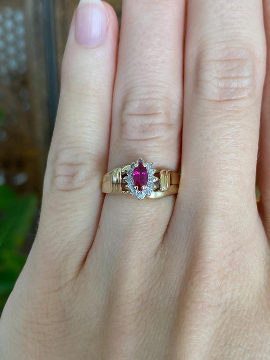 Vintage Solid 10k Yellow Gold Diamond Halo Marquis Pink Sapphire Ring - Size 5.25